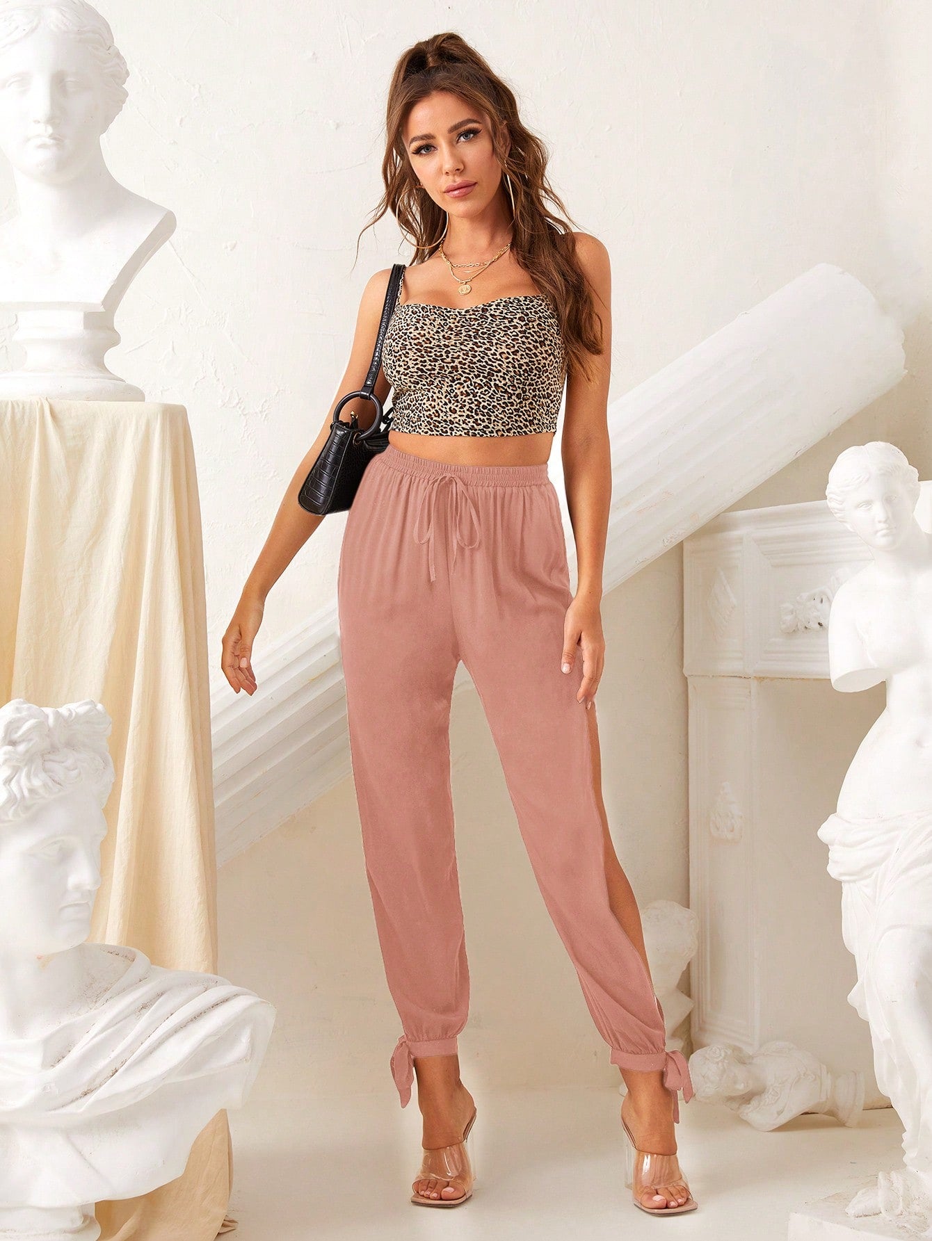 VCAY Split Thigh Knot Hem Solid Pants Spring Summer Clothing