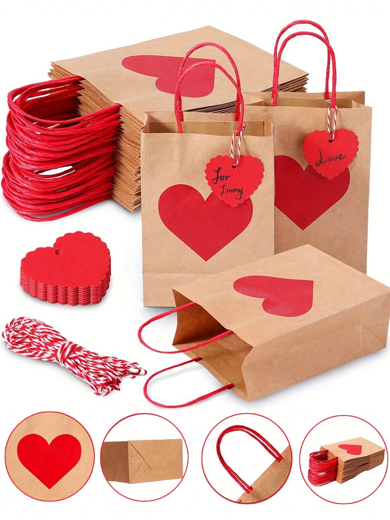 30/20/18/9pcs Kraft Paper Gift Bags With Red Heart Labels, Heart Shaped Valentine's Day Gift Bags, Red And Pink Paper Party Bags With Handles, Foldable Shopping And Party Bags, Valentine's Day Decoration Supplies, Shopping Bags, Romantic Occasion Gift Ba