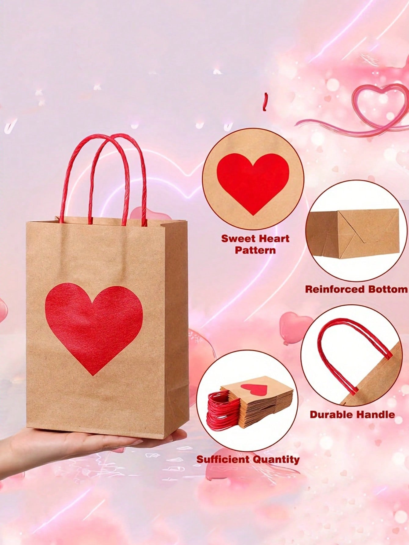 30/20/18/9pcs Kraft Paper Gift Bags With Red Heart Labels, Heart Shaped Valentine's Day Gift Bags, Red And Pink Paper Party Bags With Handles, Foldable Shopping And Party Bags, Valentine's Day Decoration Supplies, Shopping Bags, Romantic Occasion Gift Ba