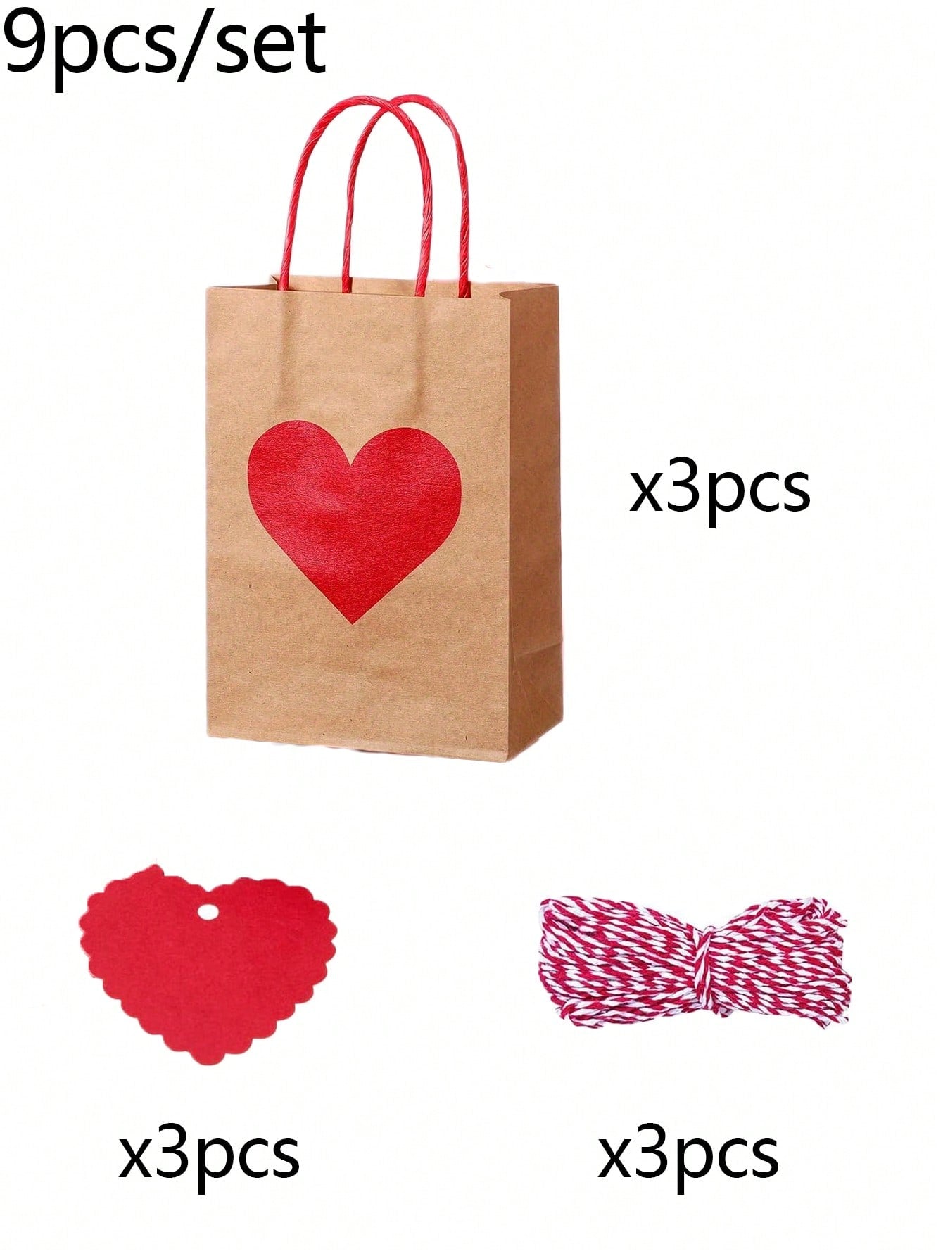 30/20/18/9pcs Kraft Paper Gift Bags With Red Heart Labels, Heart Shaped Valentine's Day Gift Bags, Red And Pink Paper Party Bags With Handles, Foldable Shopping And Party Bags, Valentine's Day Decoration Supplies, Shopping Bags, Romantic Occasion Gift Ba