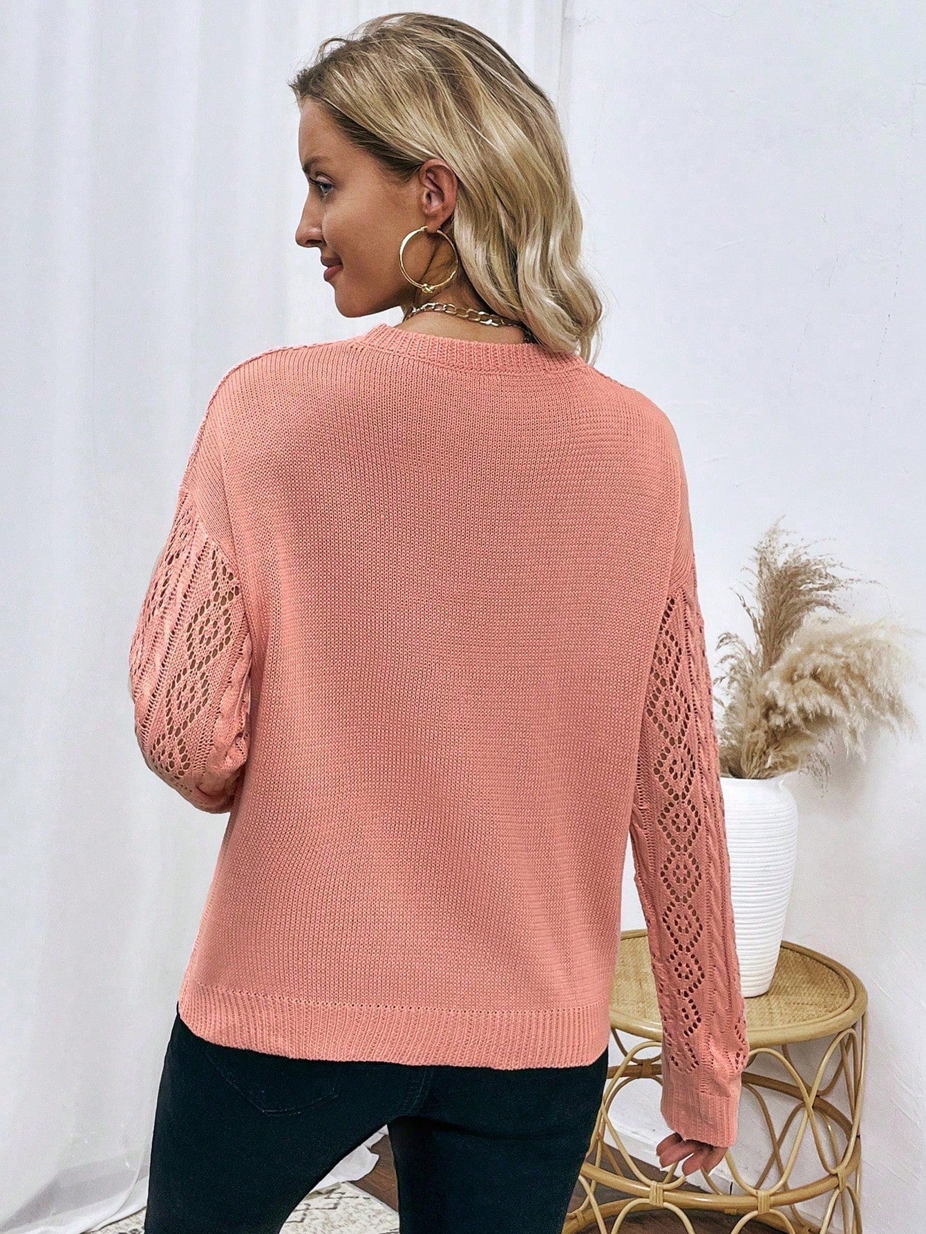 Franclia Women's Casual Contrast Lace Drop Shoulder Knit Sweater, Autumn/Winter