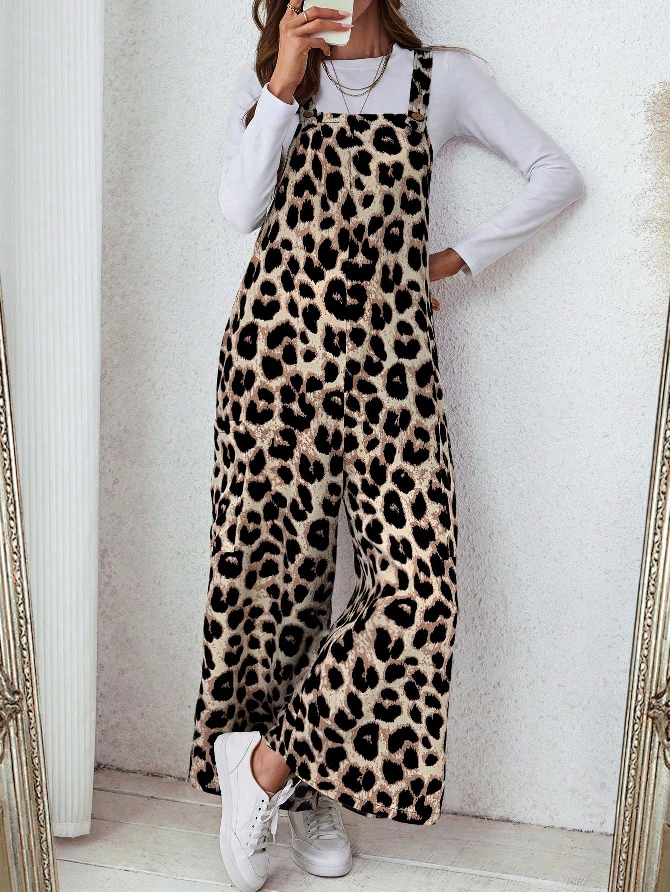 LUNE Women's Casual Leopard Print Loose Jumpsuits With Pockets