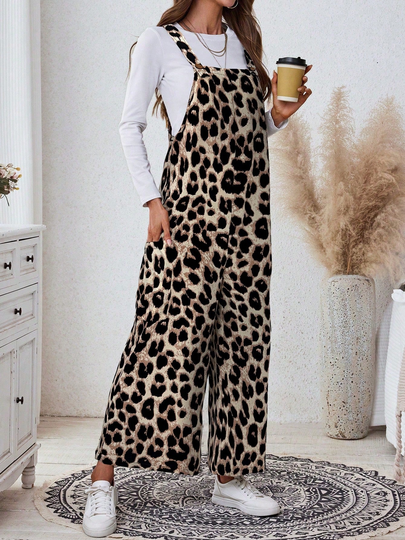 LUNE Women's Casual Leopard Print Loose Jumpsuits With Pockets