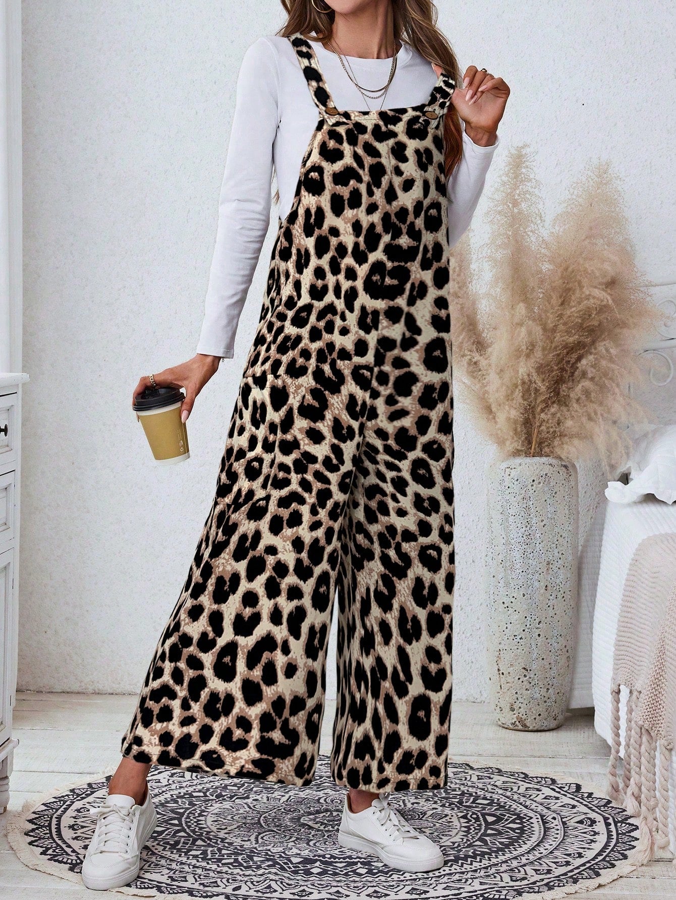 LUNE Women's Casual Leopard Print Loose Jumpsuits With Pockets