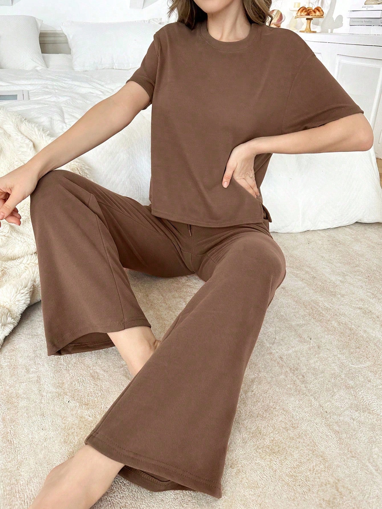 Solid Split Hem Tee & Tie Waist Pants Lounge Set