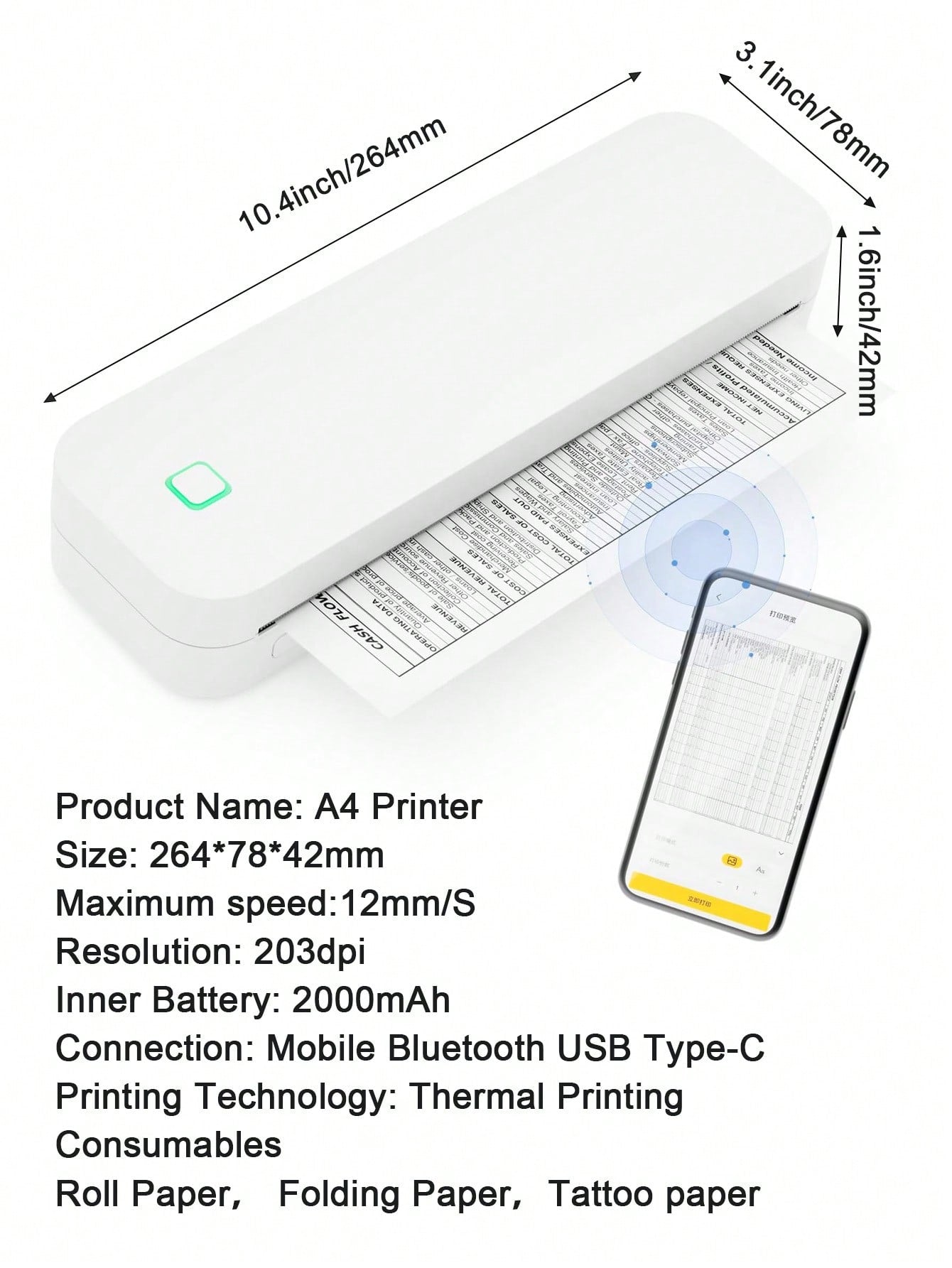 A4 Portable Printer Thermal Paper, US Letter Size Thermal Paper, 8.5'' X 11'' Thermal Folding Paper, 8.5'' X 11'' Thermal Paper A4 Thermal Printing Paper 8.5 X 11 US Letter Size Paper Multipurpose Office White Paper - 100 Sheets, A4 Thermal Paper 8.5'' X