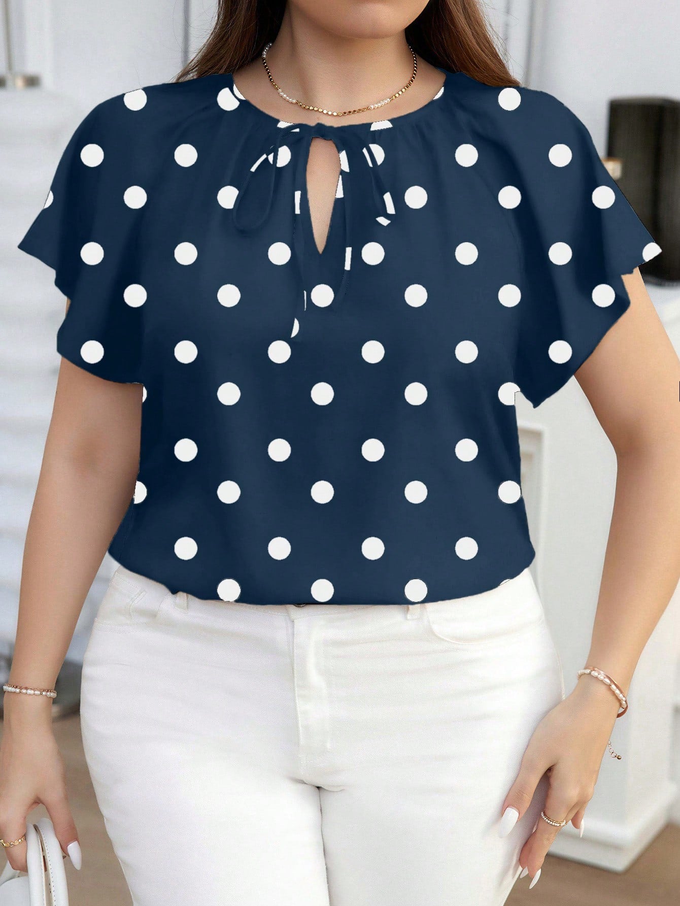 Clasi Plus Size Women Polka Dot Print Tie Neck Ruffle Short Sleeve Elegant Blouse