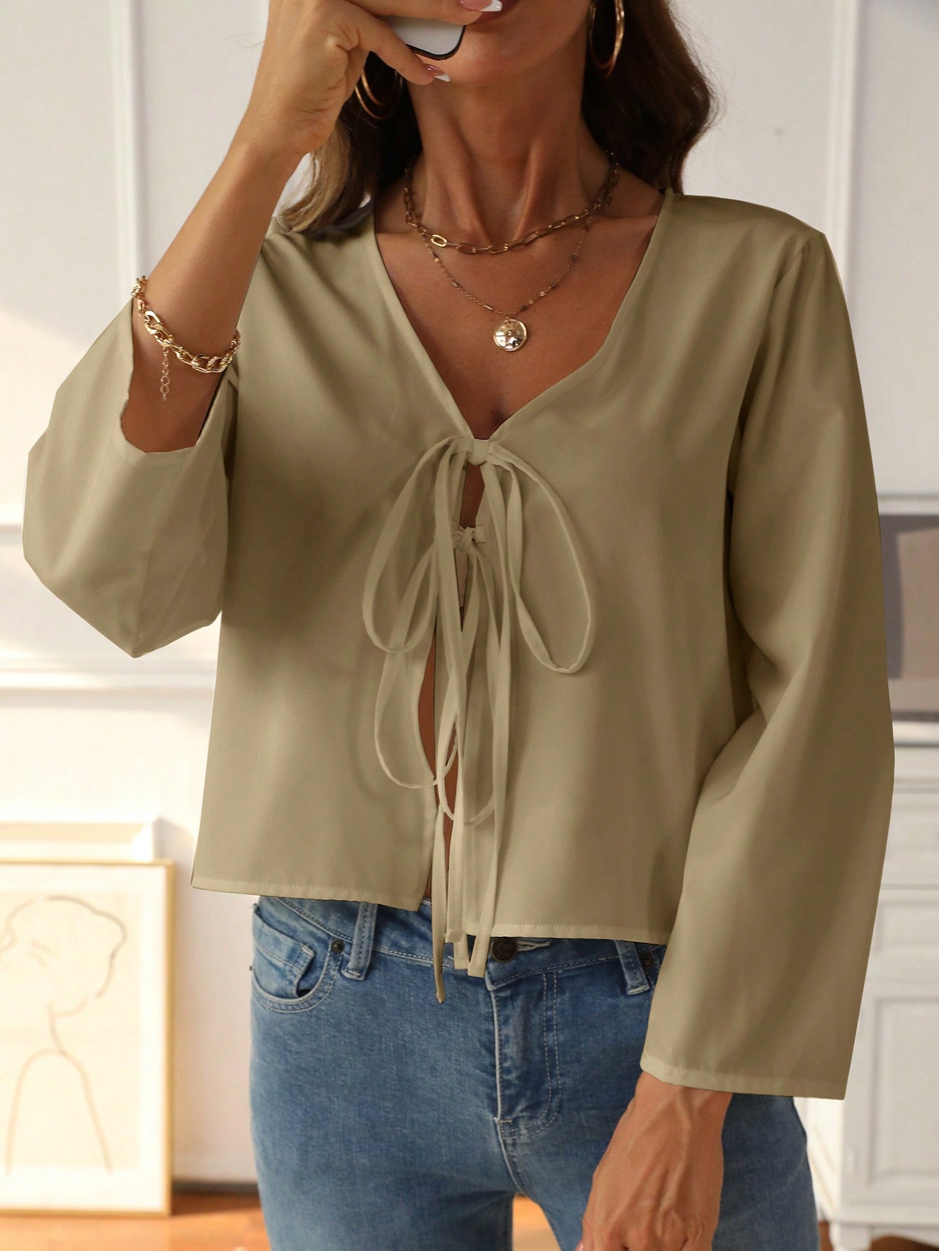 LUNE Solid Tie Front Drop Shoulder Blouse