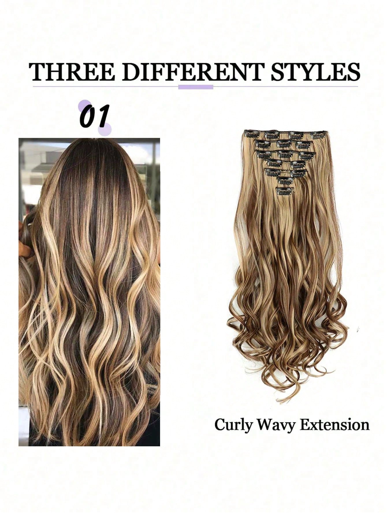 6 Piece Set 16 Clips Synthetic 24 Inch Long Curly Hair Wig Heat Resistant Hair Clip Gradient Black Brown Gold Ladies