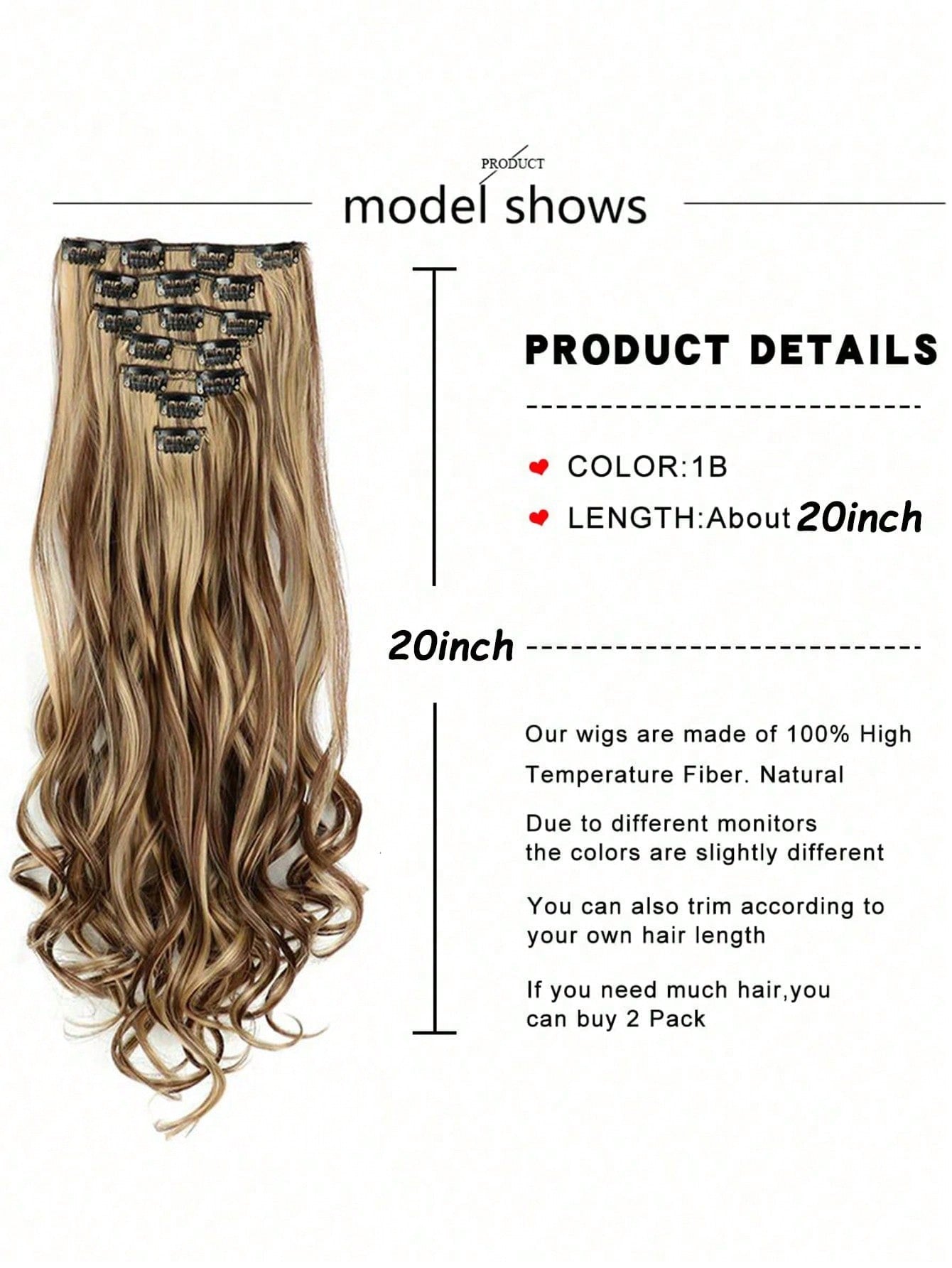 6 Piece Set 16 Clips Synthetic 24 Inch Long Curly Hair Wig Heat Resistant Hair Clip Gradient Black Brown Gold Ladies