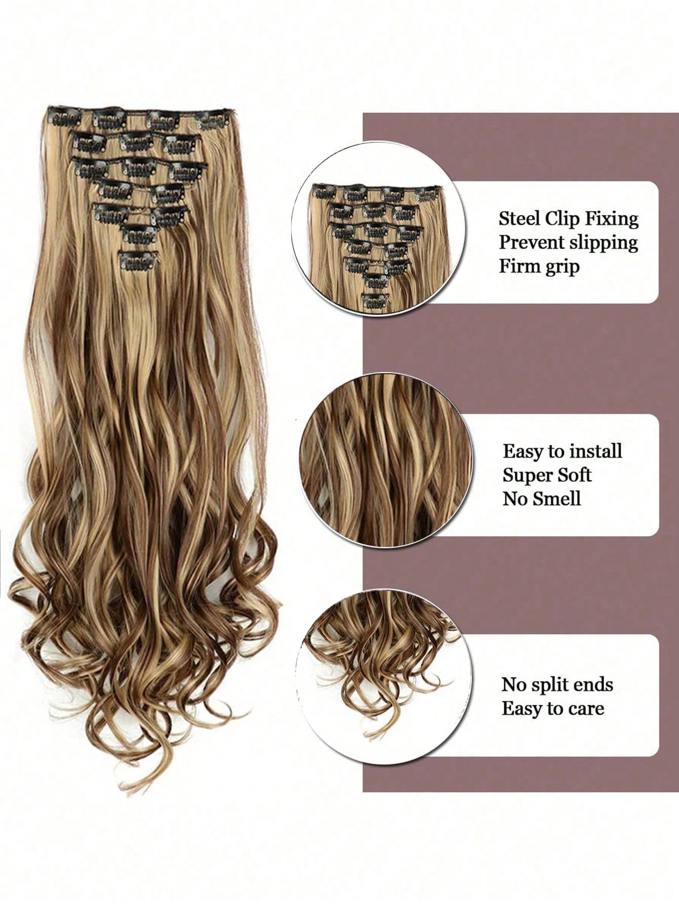 6 Piece Set 16 Clips Synthetic 24 Inch Long Curly Hair Wig Heat Resistant Hair Clip Gradient Black Brown Gold Ladies