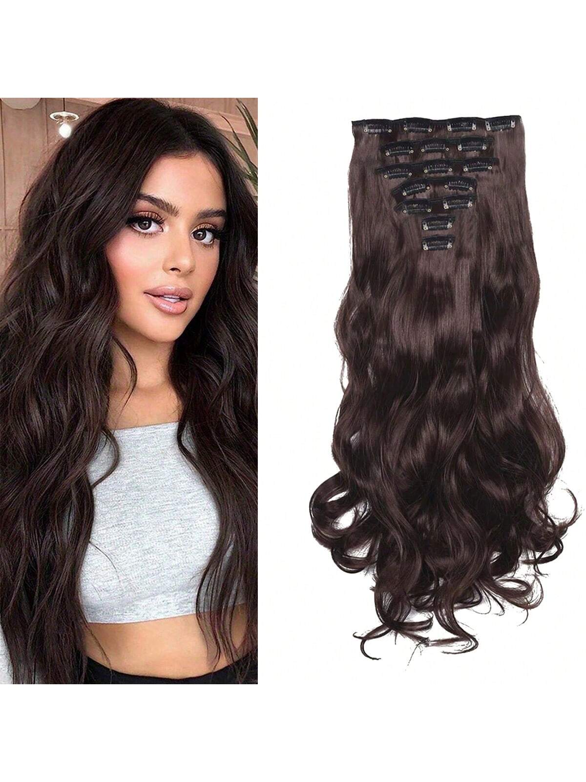 6 Piece Set 16 Clips Synthetic 24 Inch Long Curly Hair Wig Heat Resistant Hair Clip Gradient Black Brown Gold Ladies