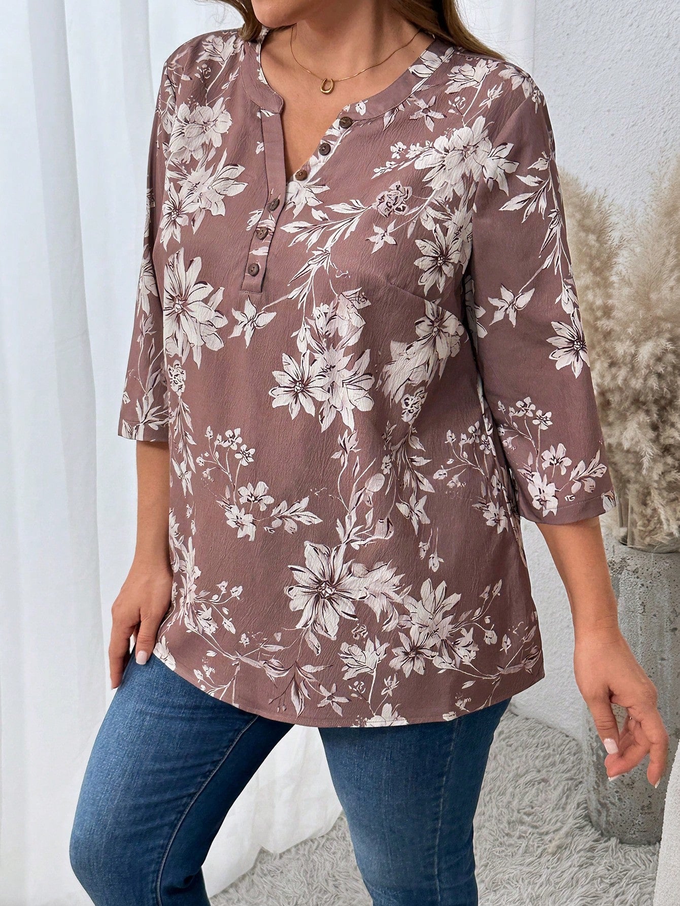 Plus Size Casual T-Shirt With Floral All-Over Print And Keyhole Neckline, Autumn Graphic Tees Women Tops