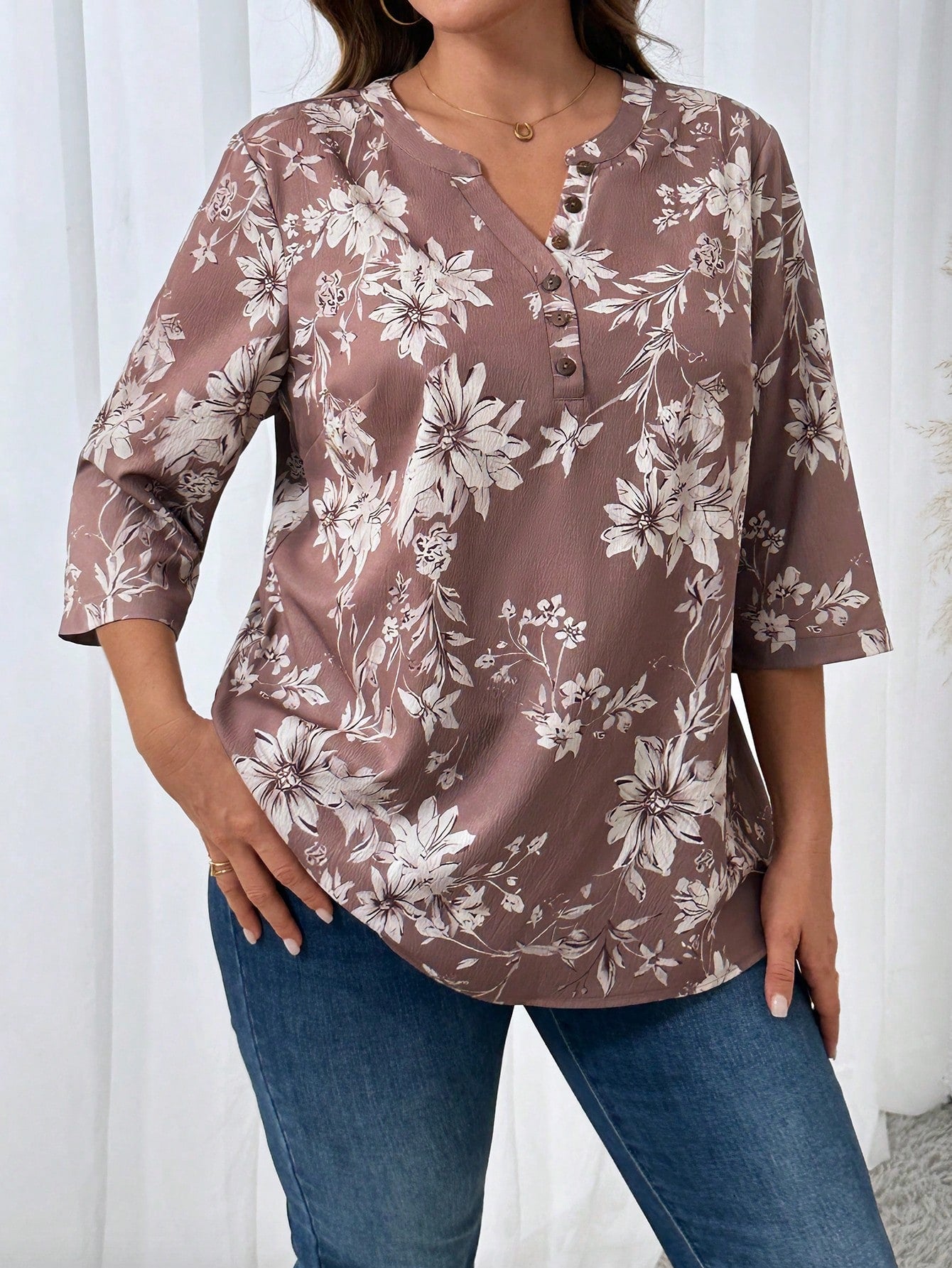 Plus Size Casual T-Shirt With Floral All-Over Print And Keyhole Neckline, Autumn Graphic Tees Women Tops