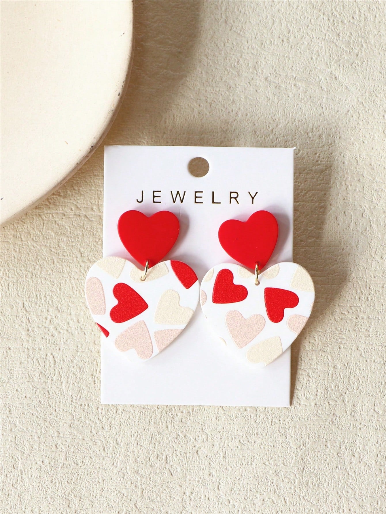 1 Pair Valentine's Day Red & Pink Heart Printed, White Heart-Shaped Acrylic Earrings, Sensual & Romantic Style For Festival/Party