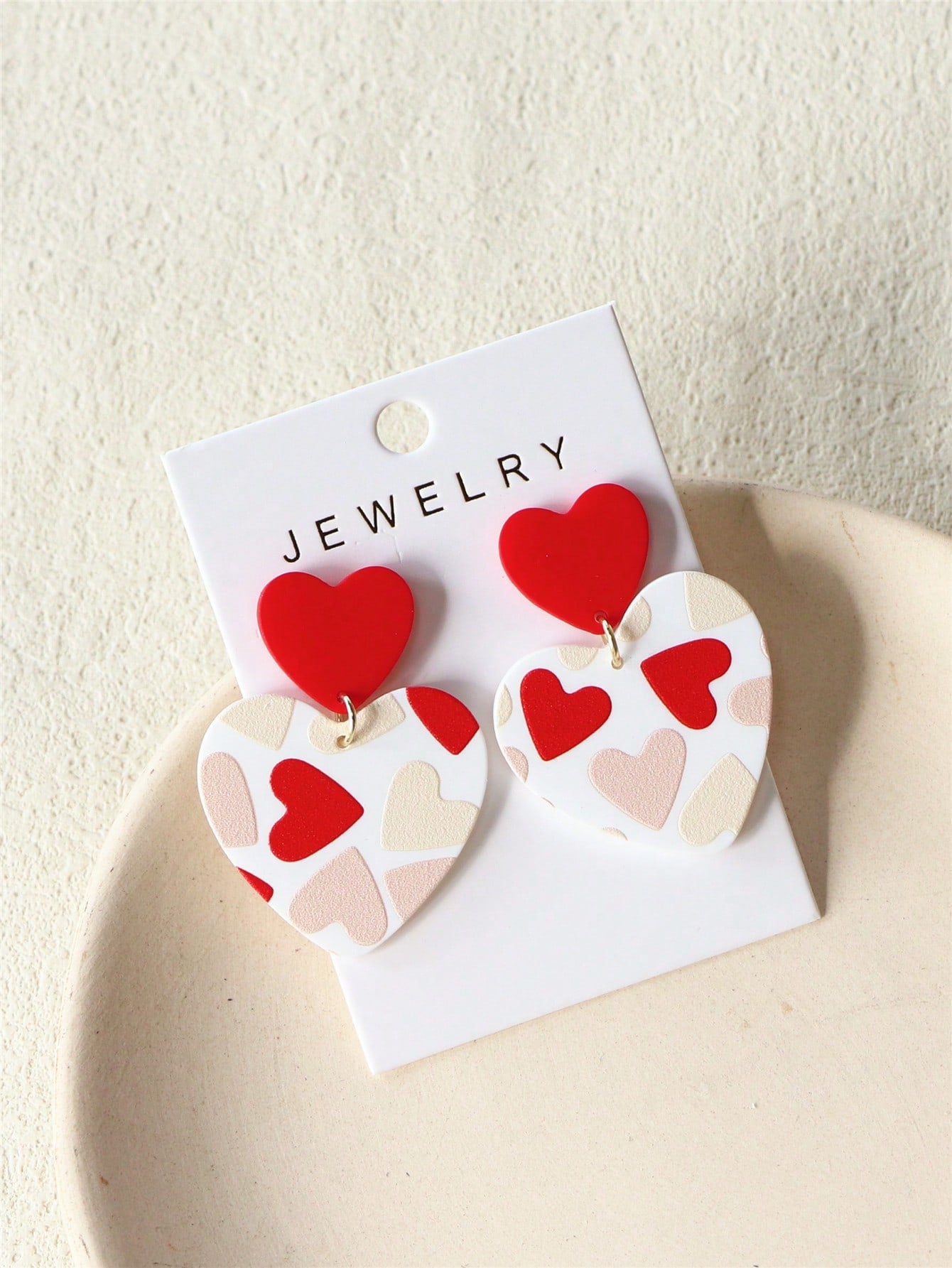 1 Pair Valentine's Day Red & Pink Heart Printed, White Heart-Shaped Acrylic Earrings, Sensual & Romantic Style For Festival/Party