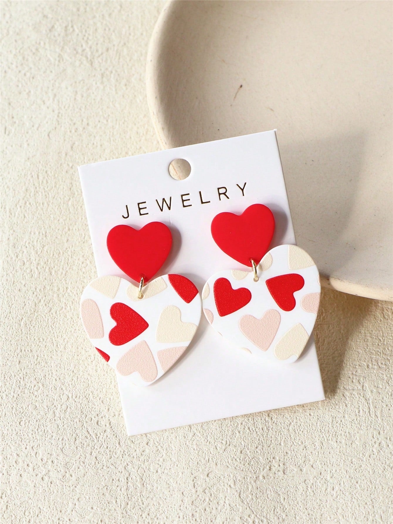 1 Pair Valentine's Day Red & Pink Heart Printed, White Heart-Shaped Acrylic Earrings, Sensual & Romantic Style For Festival/Party