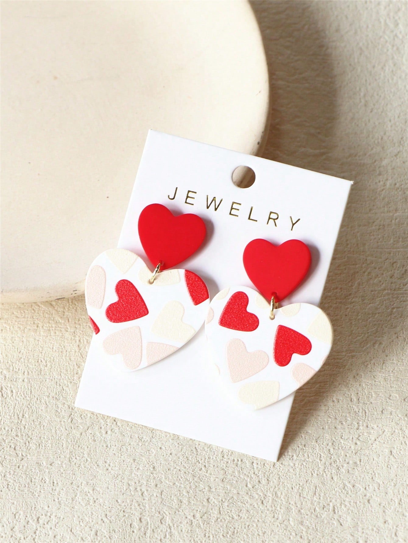 1 Pair Valentine's Day Red & Pink Heart Printed, White Heart-Shaped Acrylic Earrings, Sensual & Romantic Style For Festival/Party