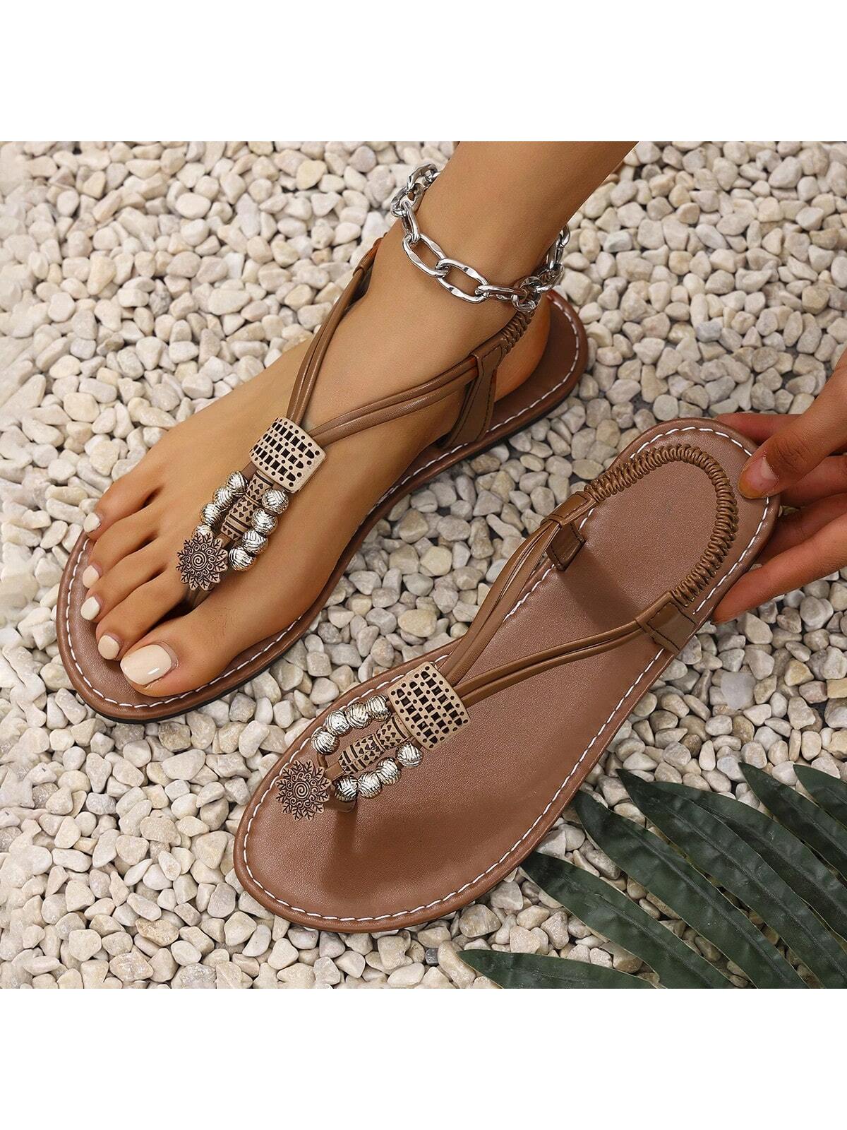 Women's Summer New Fashion Versatile Brown Gold Sparkly Rhinestone Strap Peep Toe Slip On Casual Outdoor Flat Sandals