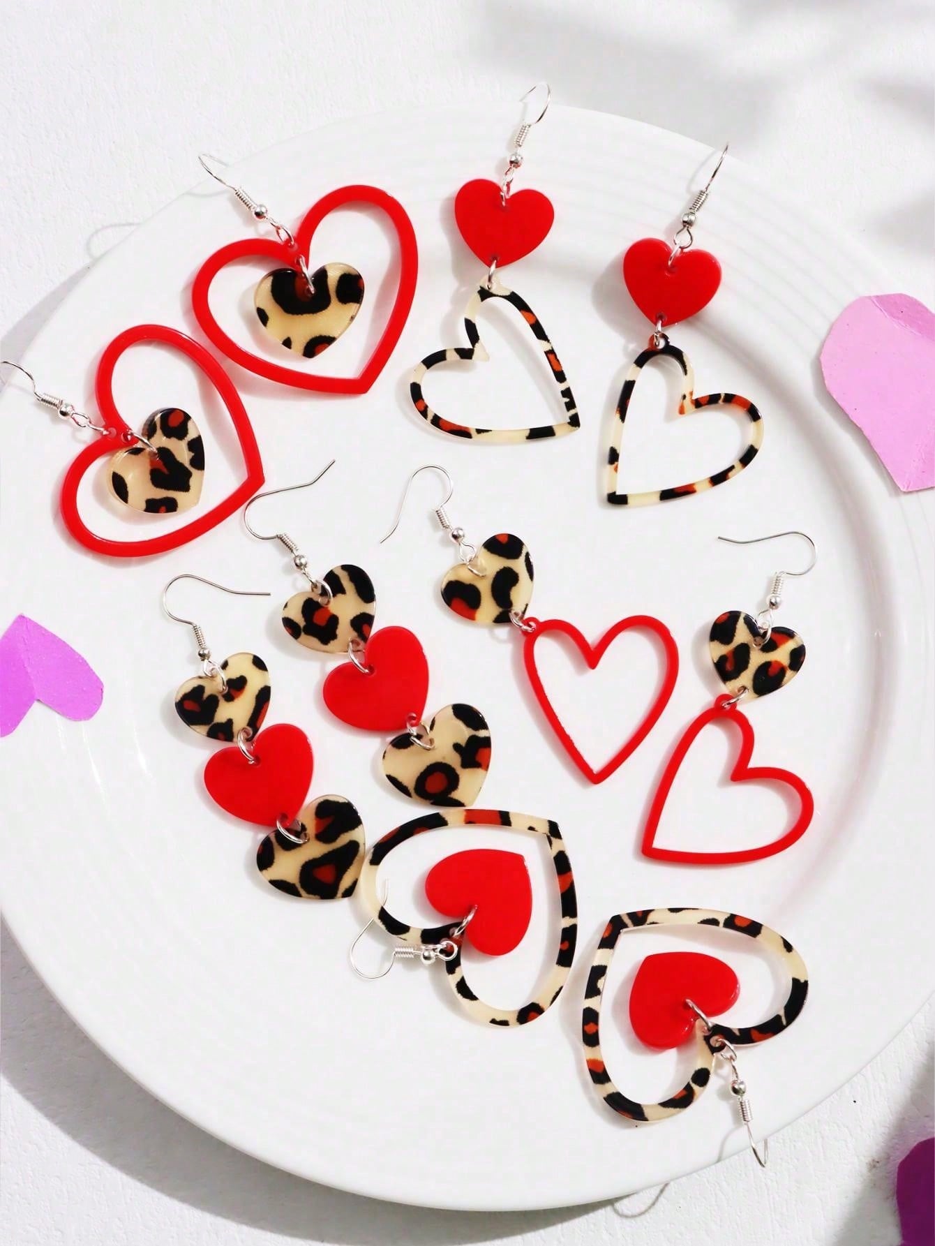 1 Pair Acrylic Trendy Heart & Leopard Print Hollow Earrings, Fashion Jewelry Gift For Women, Valentine's Day