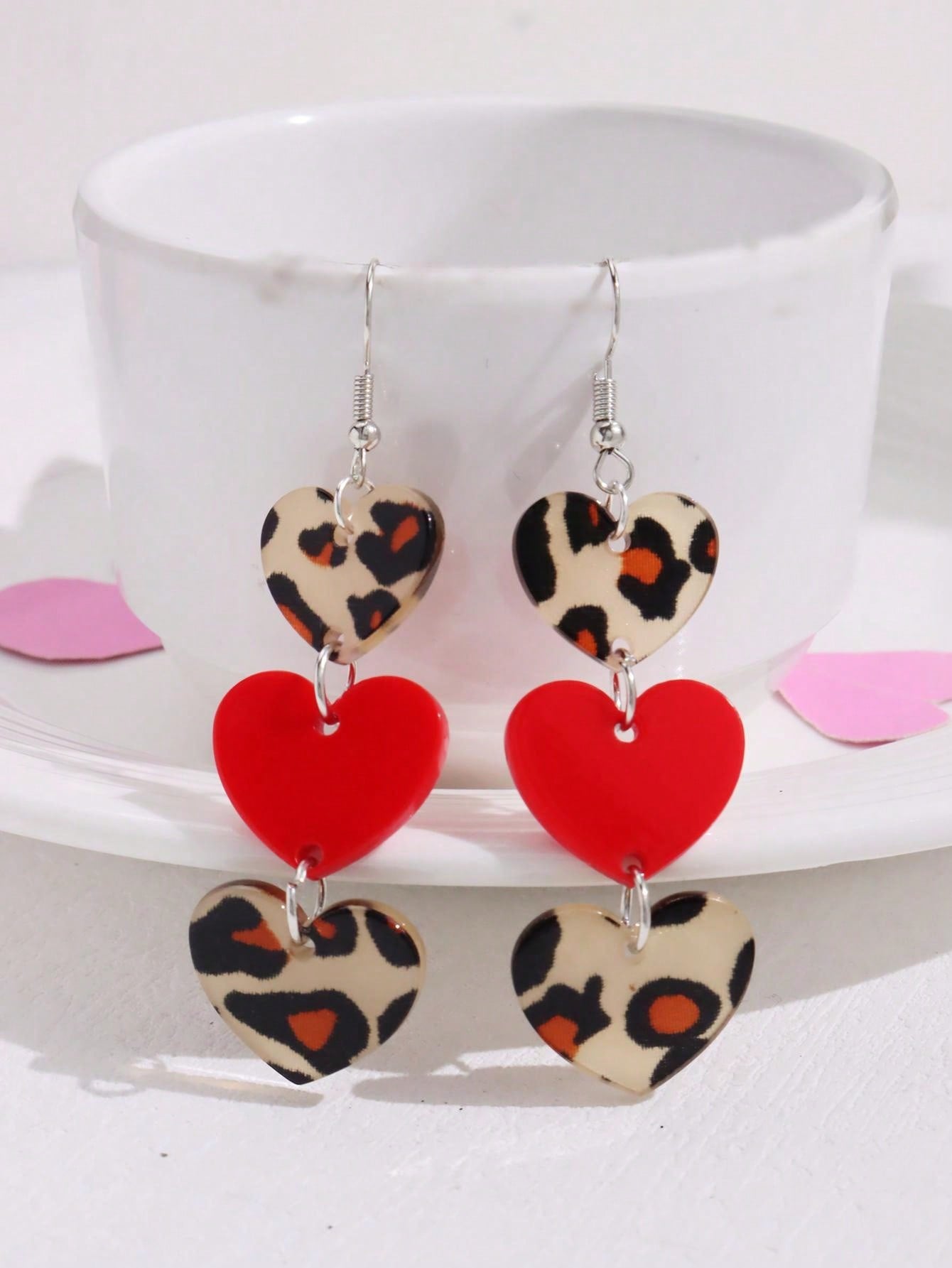 1 Pair Acrylic Trendy Heart & Leopard Print Hollow Earrings, Fashion Jewelry Gift For Women, Valentine's Day