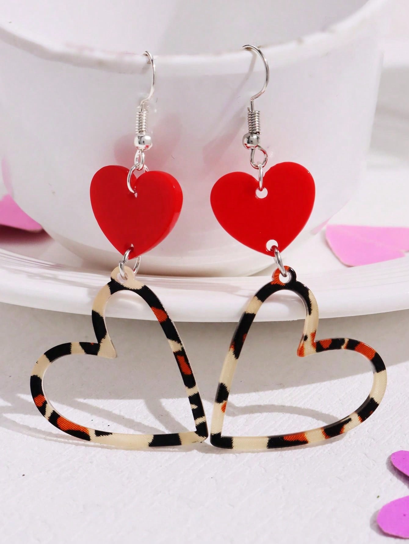 1 Pair Acrylic Trendy Heart & Leopard Print Hollow Earrings, Fashion Jewelry Gift For Women, Valentine's Day