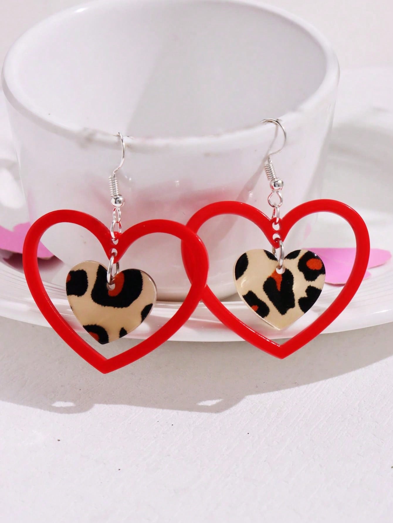 1 Pair Acrylic Trendy Heart & Leopard Print Hollow Earrings, Fashion Jewelry Gift For Women, Valentine's Day