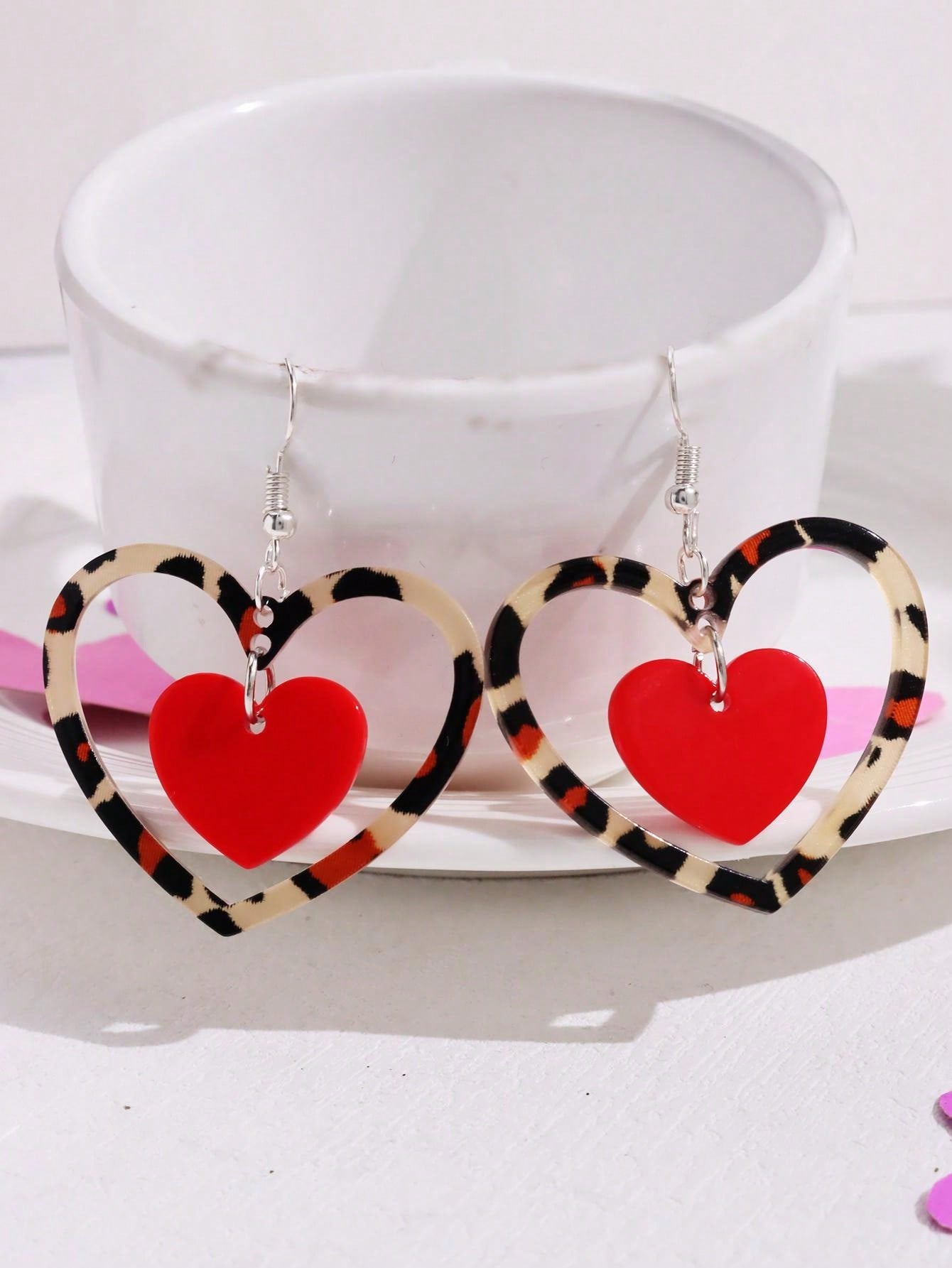 1 Pair Acrylic Trendy Heart & Leopard Print Hollow Earrings, Fashion Jewelry Gift For Women, Valentine's Day