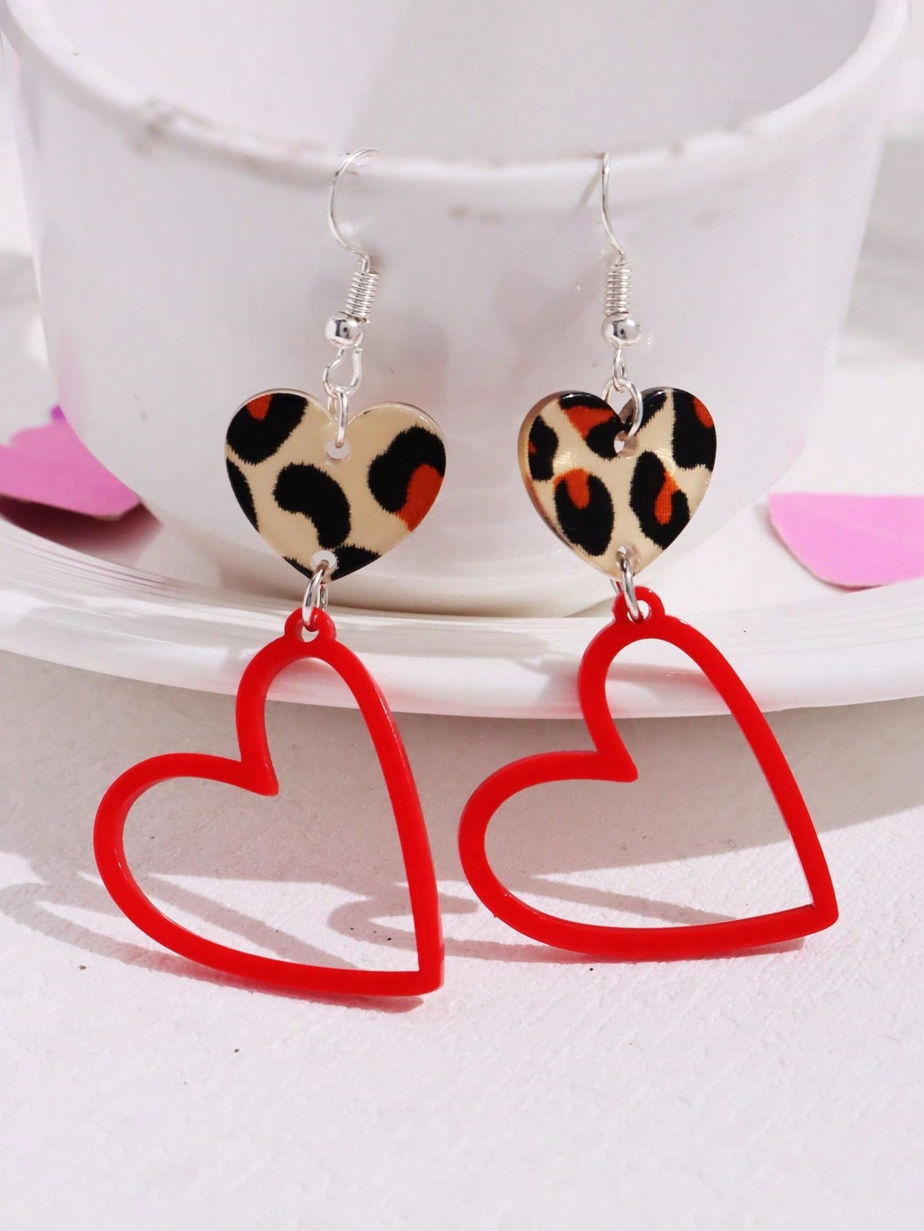 1 Pair Acrylic Trendy Heart & Leopard Print Hollow Earrings, Fashion Jewelry Gift For Women, Valentine's Day