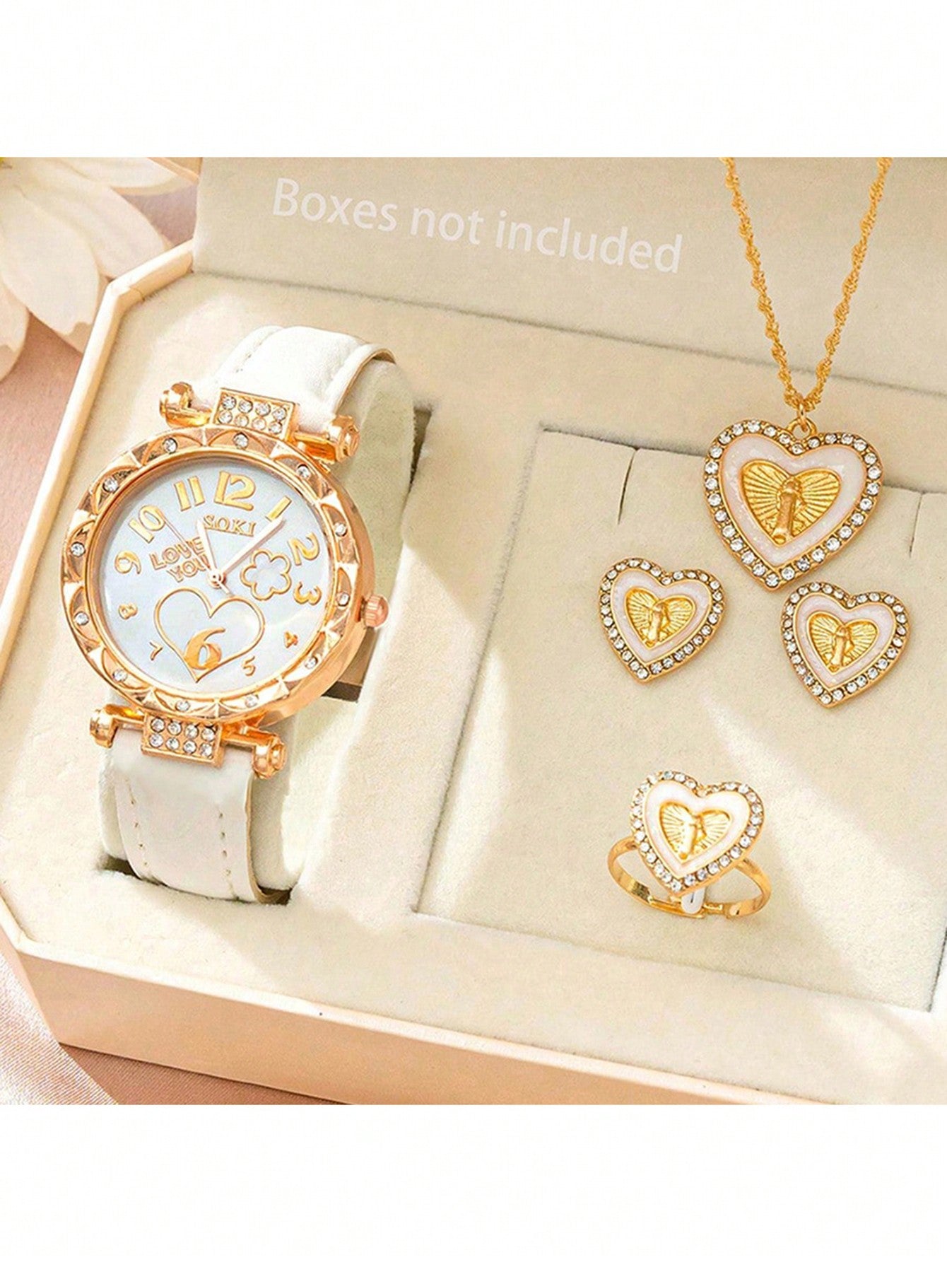 Ladies Watch 1Pc Fashion Gorgeous Heart Digital Dial Quartz Watch And 4 Pcs/Set Love Necklace Earrings Rings Jewelry Set Christmas, New Year's Day, Valentine's Day,The Best Gift For A Lady(No Box) Valentines