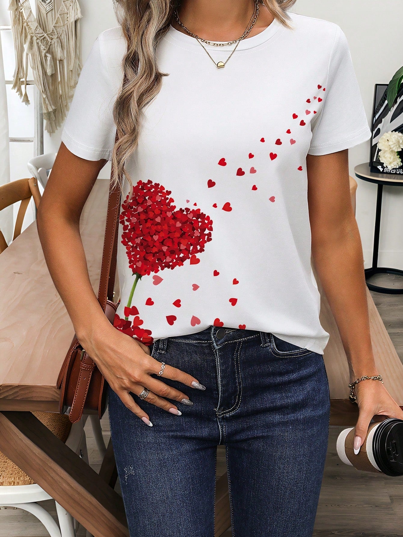 INAWLY Valentine's Day Heart Print Round Neck Women Short Sleeve T-Shirt Graphic Tees Women Tops