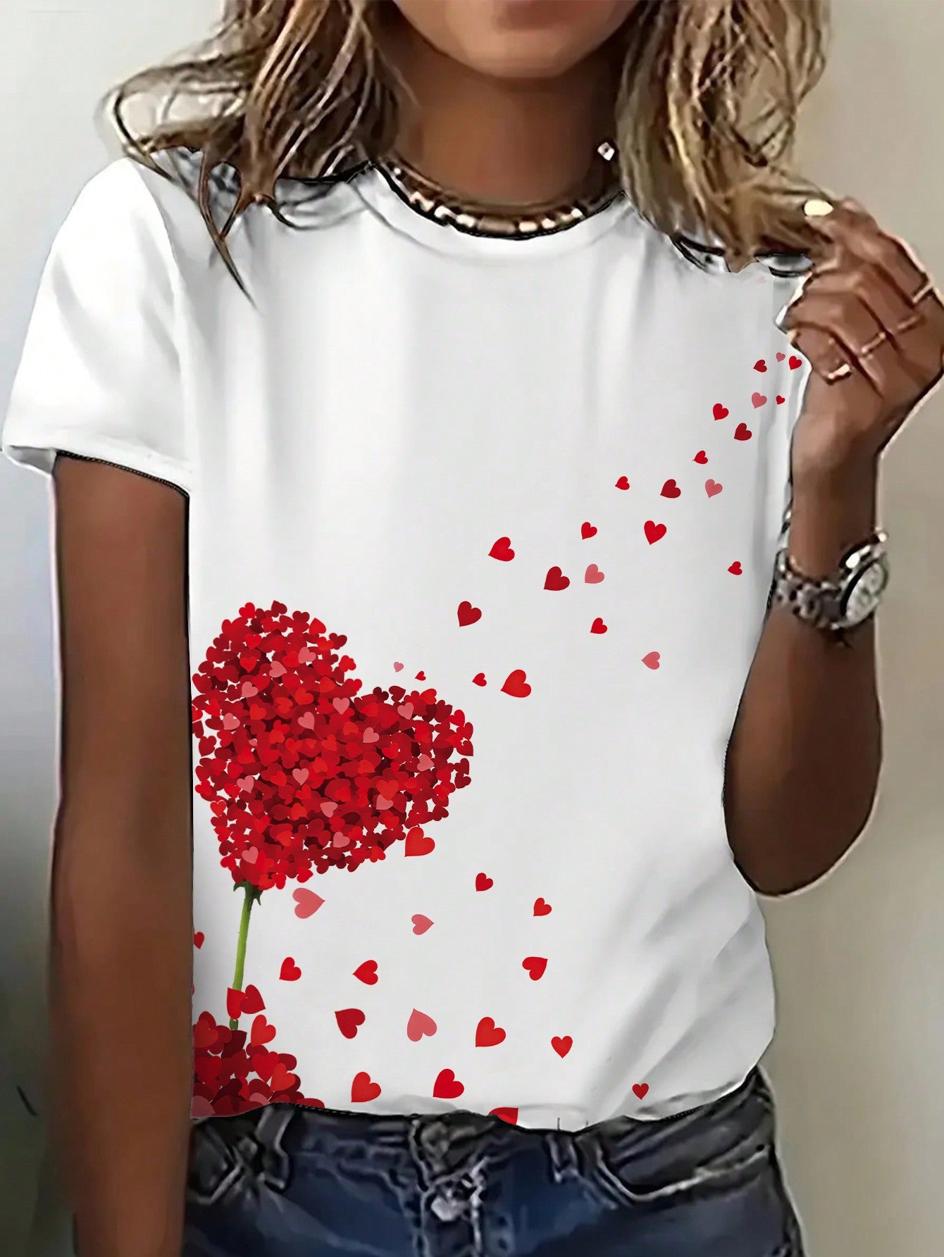 INAWLY Valentine's Day Heart Print Round Neck Women Short Sleeve T-Shirt Graphic Tees Women Tops