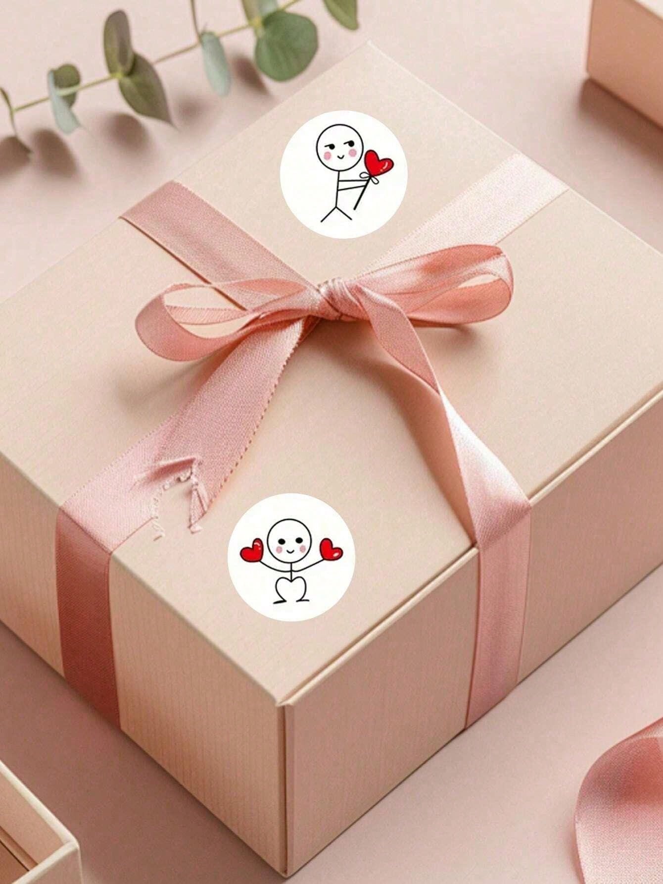 500 Sheets/Roll Cartoon Match Cartoon Creative Label Round Diary Sticker Valentine's Day Stickman Love You Sticker Gift Letter Sealed Envelope Flower Decoration 1 Inch Heart-Shaped Label