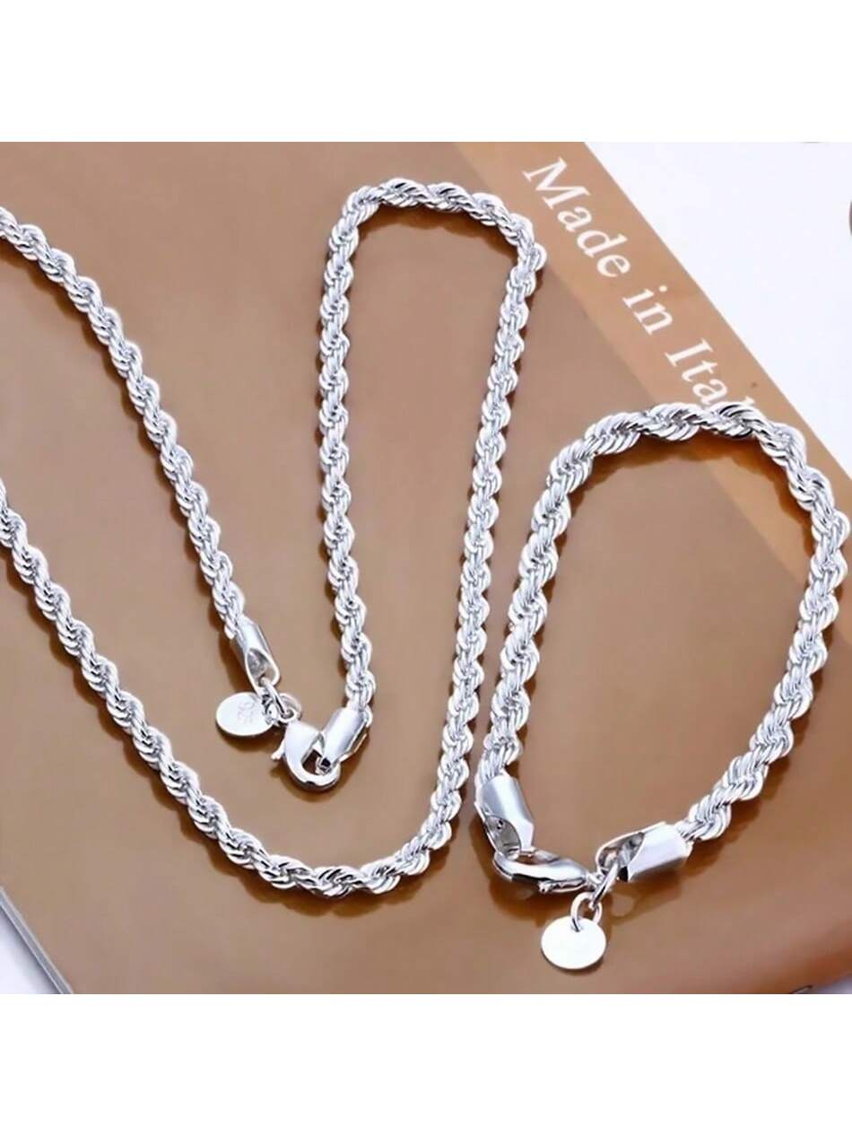 925 Sterling Silver 4mm Chain Male Twisted Rope Necklace Bracelets Fashion Women Men Silver High Quality Jewelry Set