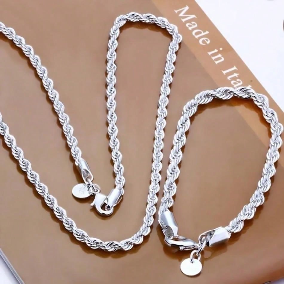 925 Sterling Silver 4mm Chain Male Twisted Rope Necklace Bracelets Fashion Women Men Silver High Quality Jewelry Set