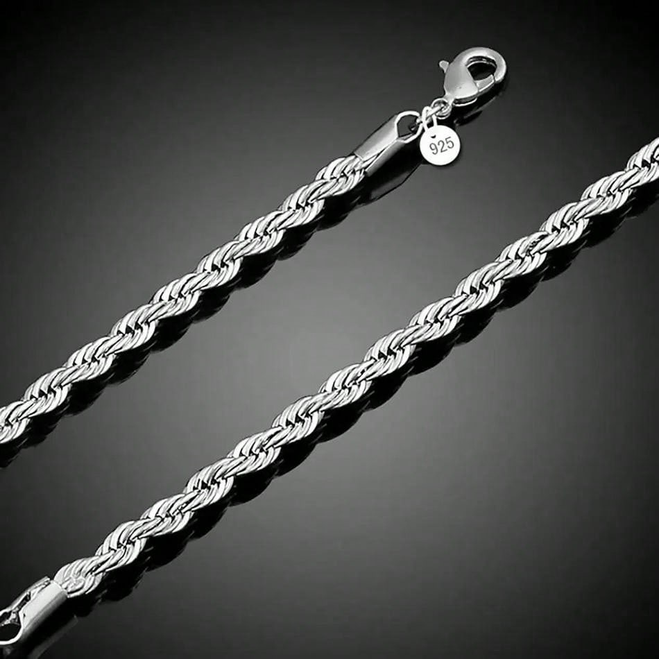 925 Sterling Silver 4mm Chain Male Twisted Rope Necklace Bracelets Fashion Women Men Silver High Quality Jewelry Set