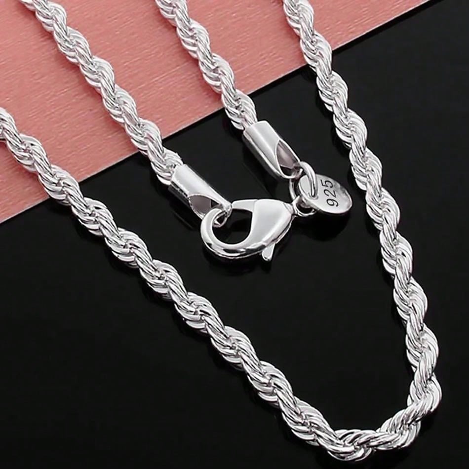 925 Sterling Silver 4mm Chain Male Twisted Rope Necklace Bracelets Fashion Women Men Silver High Quality Jewelry Set