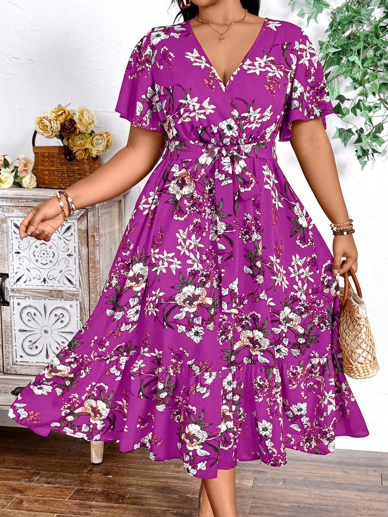 Plus Size Holiday Floral Print Dress Maxi Women Outfit