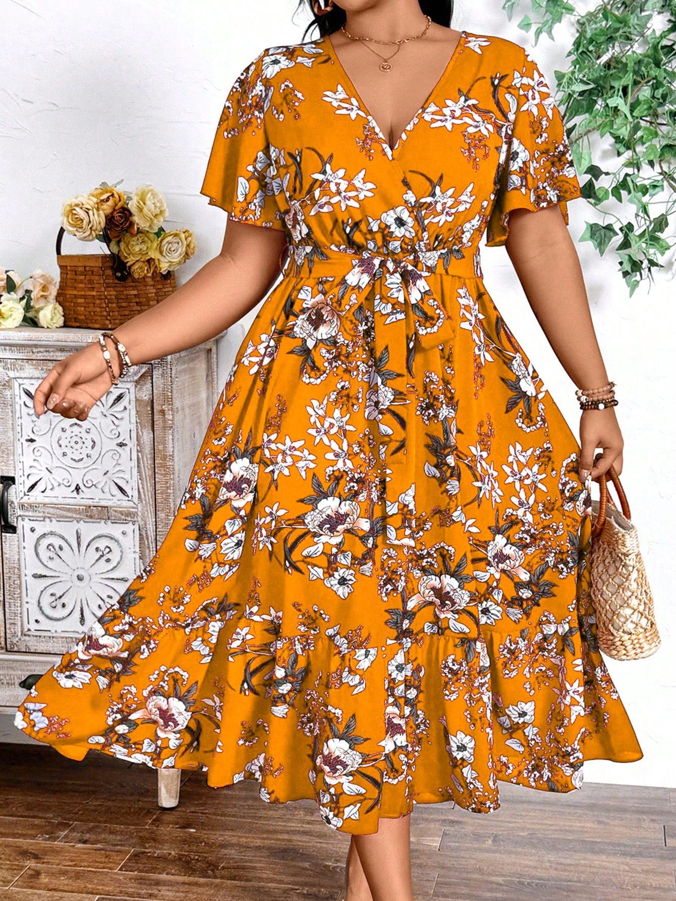 Plus Size Holiday Floral Print Dress Maxi Women Outfit