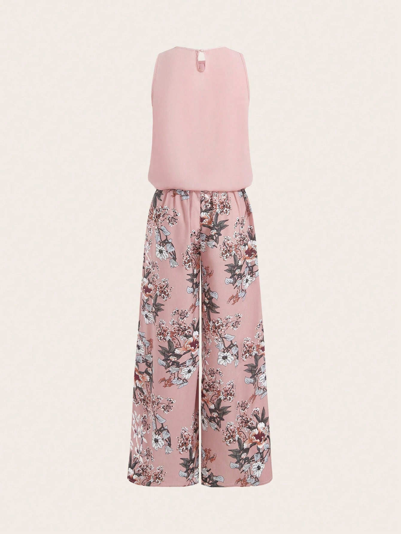 SHEIN Clasi Elegant Women's Pink Chiffon Solid Color Top And Flower Wide Leg Pants Set