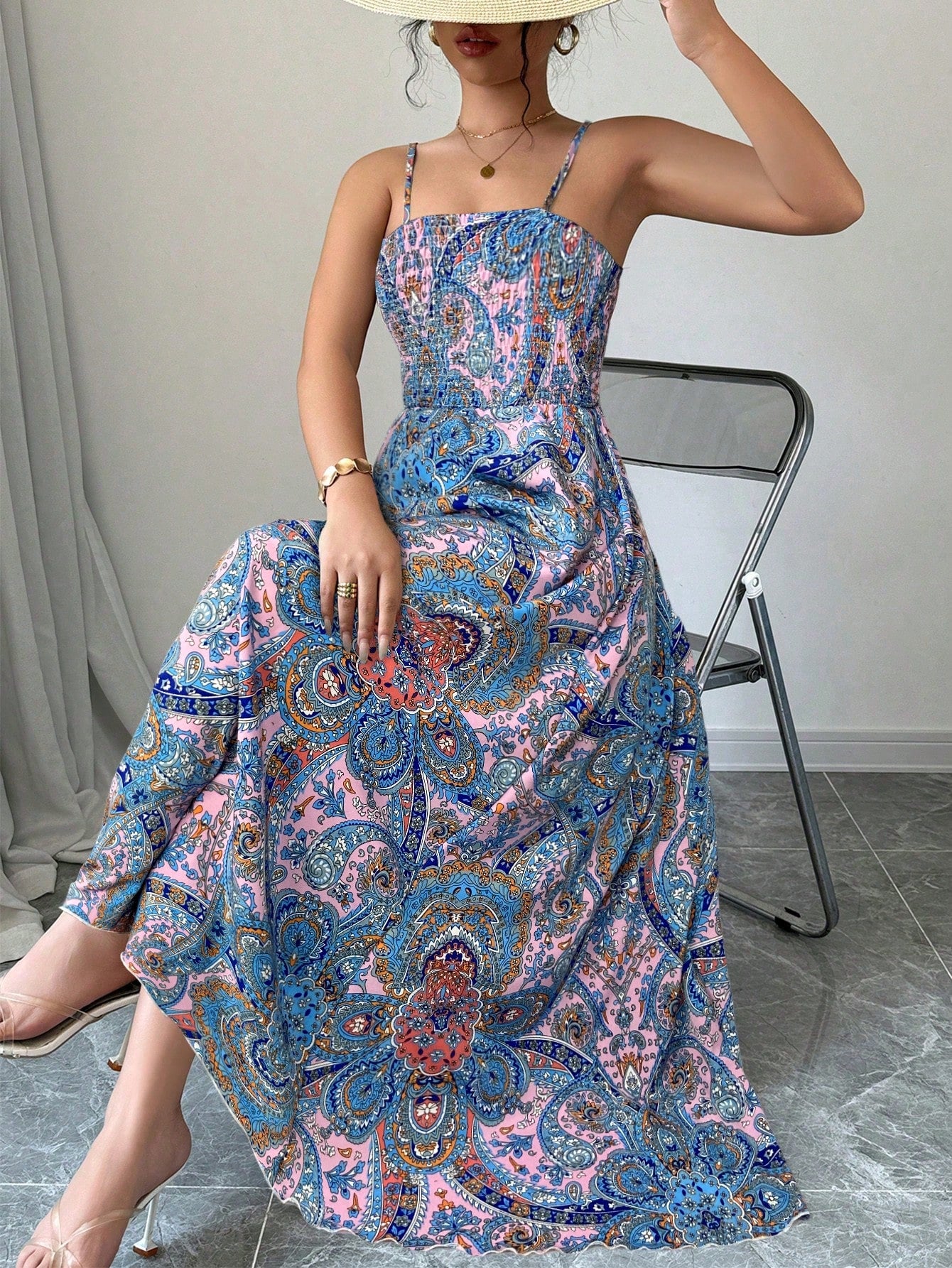 Holidaya Paisley Print Spaghetti Strap Dress, Vacation Casual Maxi Vacation Beach Outfits Women