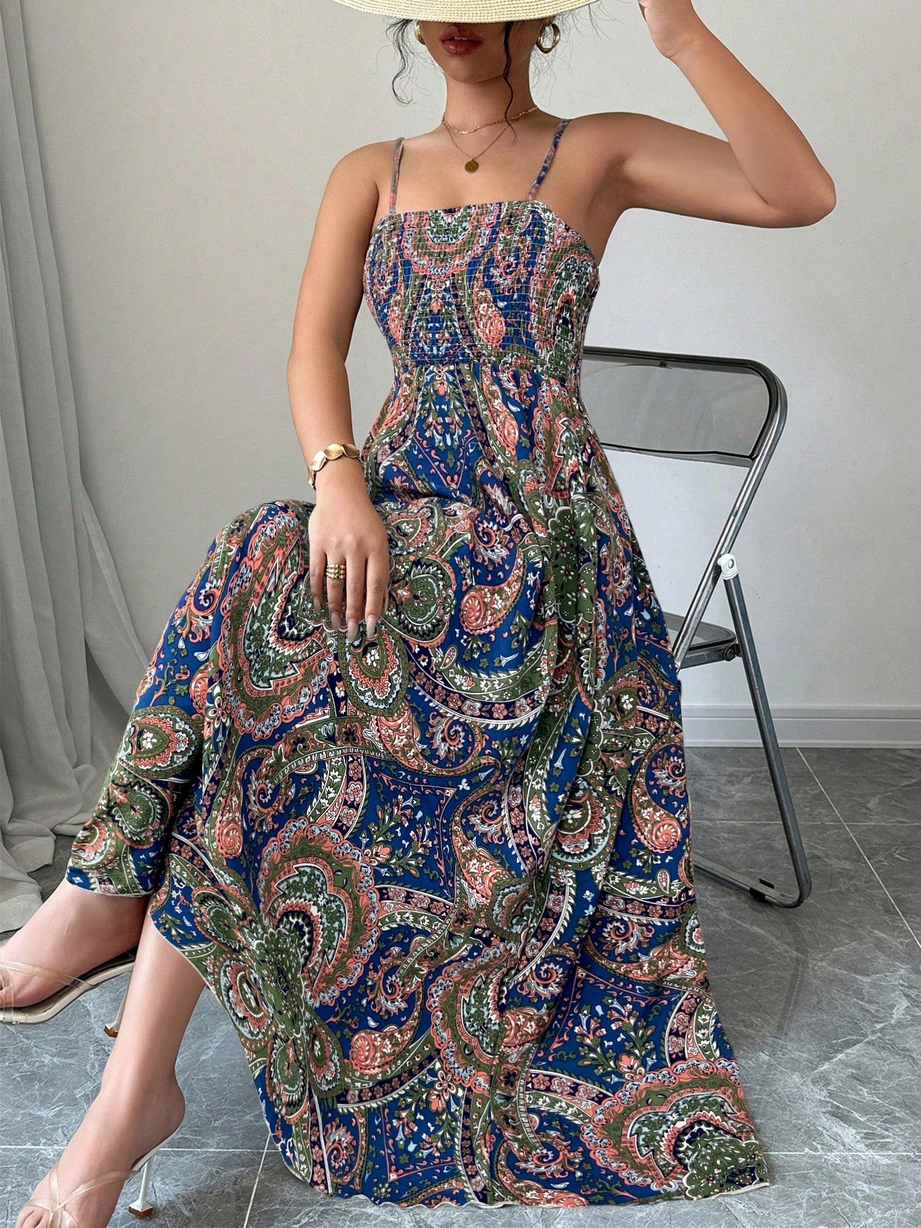 Holidaya Paisley Print Spaghetti Strap Dress, Vacation Casual Maxi Vacation Beach Outfits Women