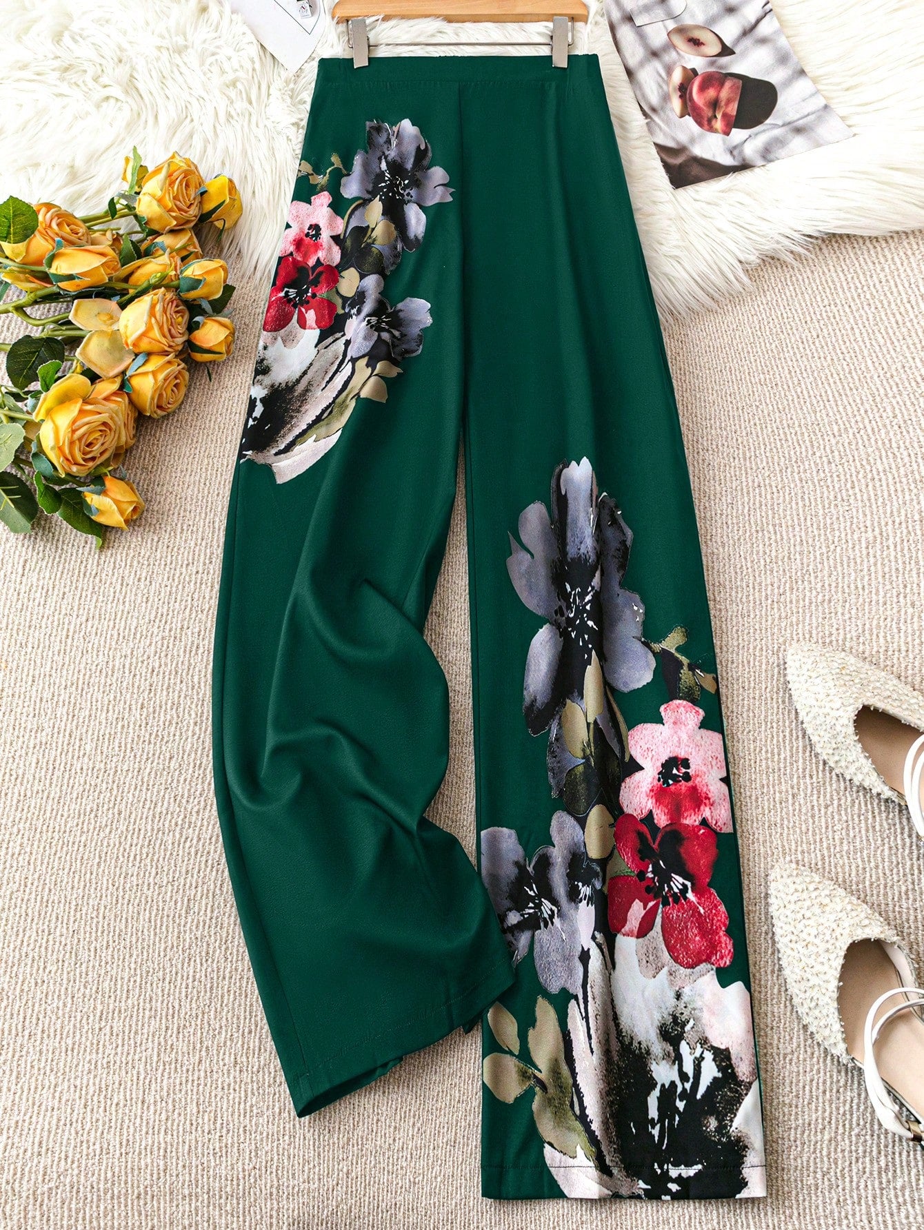 LUNE Plus Size Women Floral Print Loose Wide Leg Casual Pants For Holiday