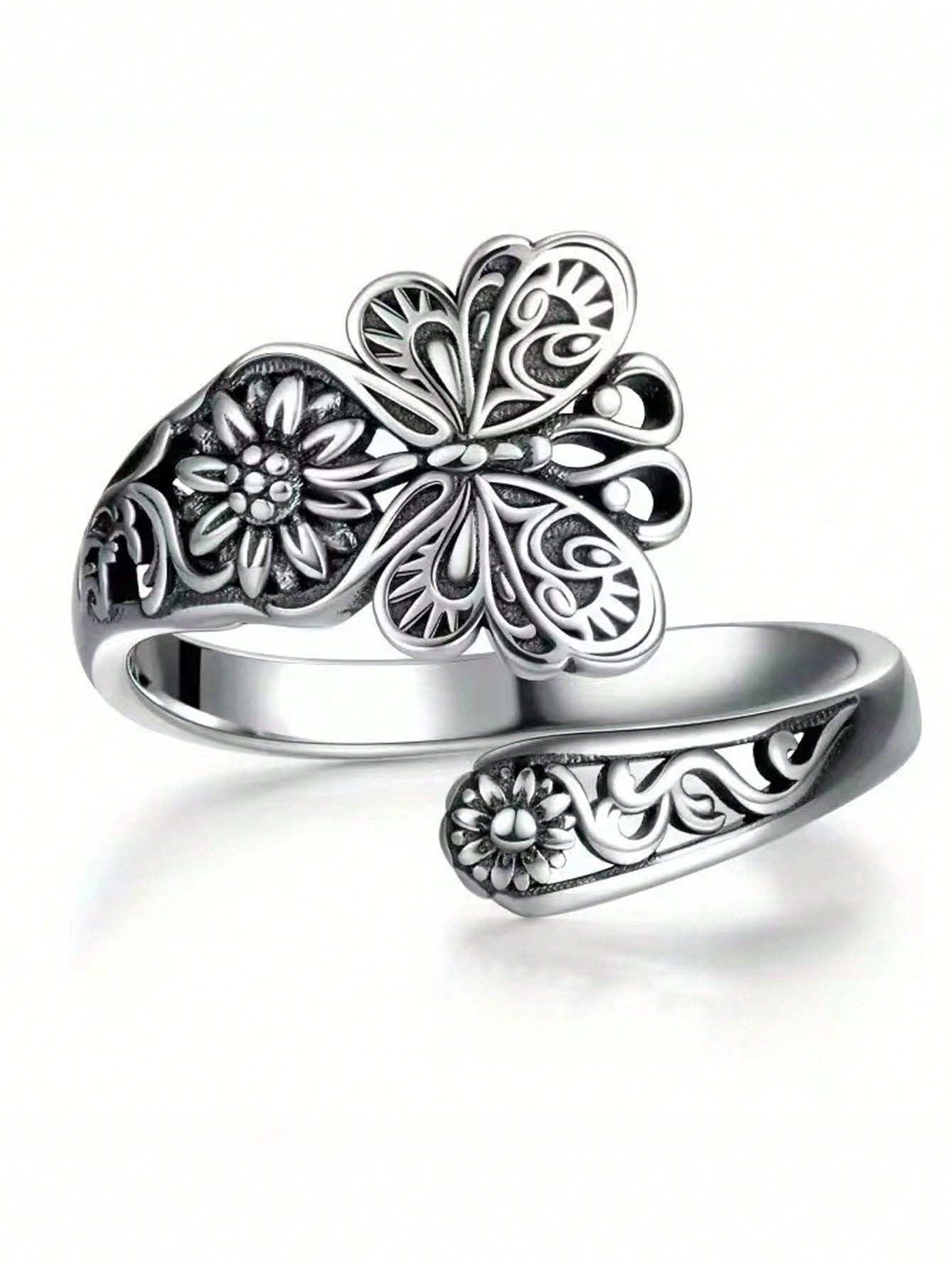 1pc Retro Fashion Butterfly Flower Design Adjustable Ring, Versatile Accessory Suitable For Women, Great Gift For Family And Friends