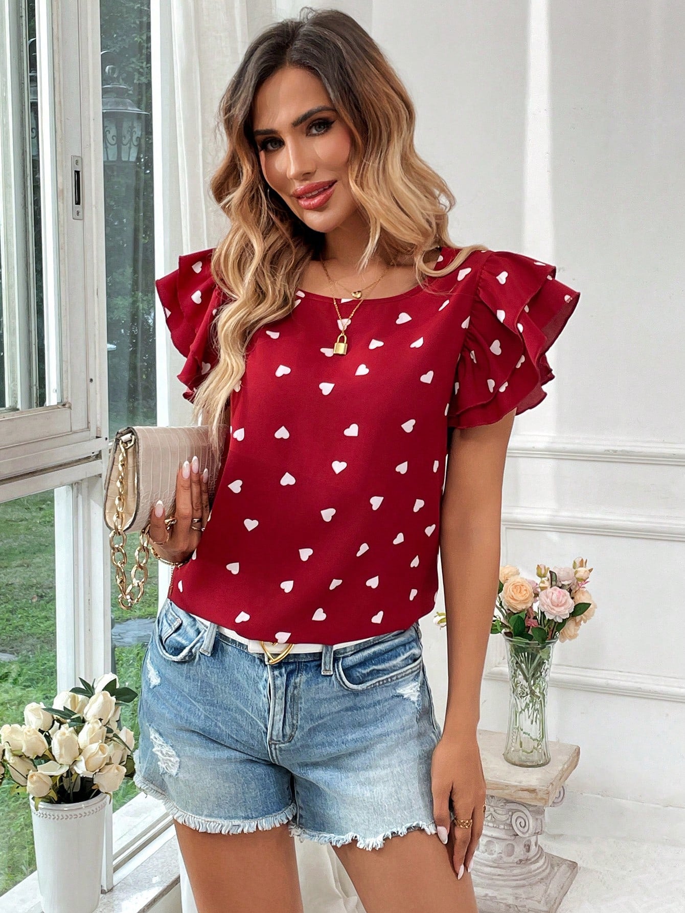 LUNE Spring New Valentine's Day Heart Pattern Ruffle Hem Short Sleeve Casual Street French Retro Women Shirt