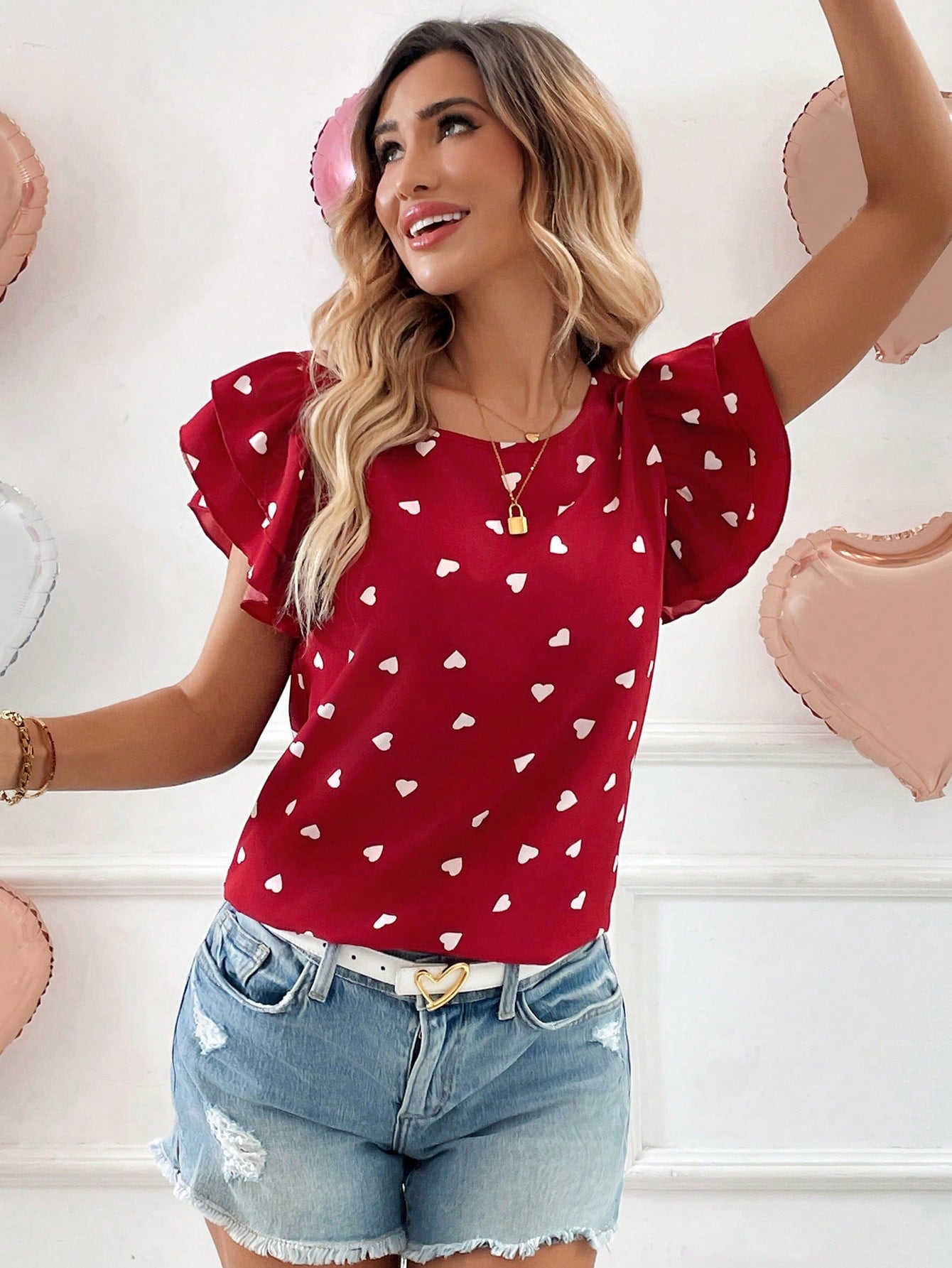 LUNE Spring New Valentine's Day Heart Pattern Ruffle Hem Short Sleeve Casual Street French Retro Women Shirt