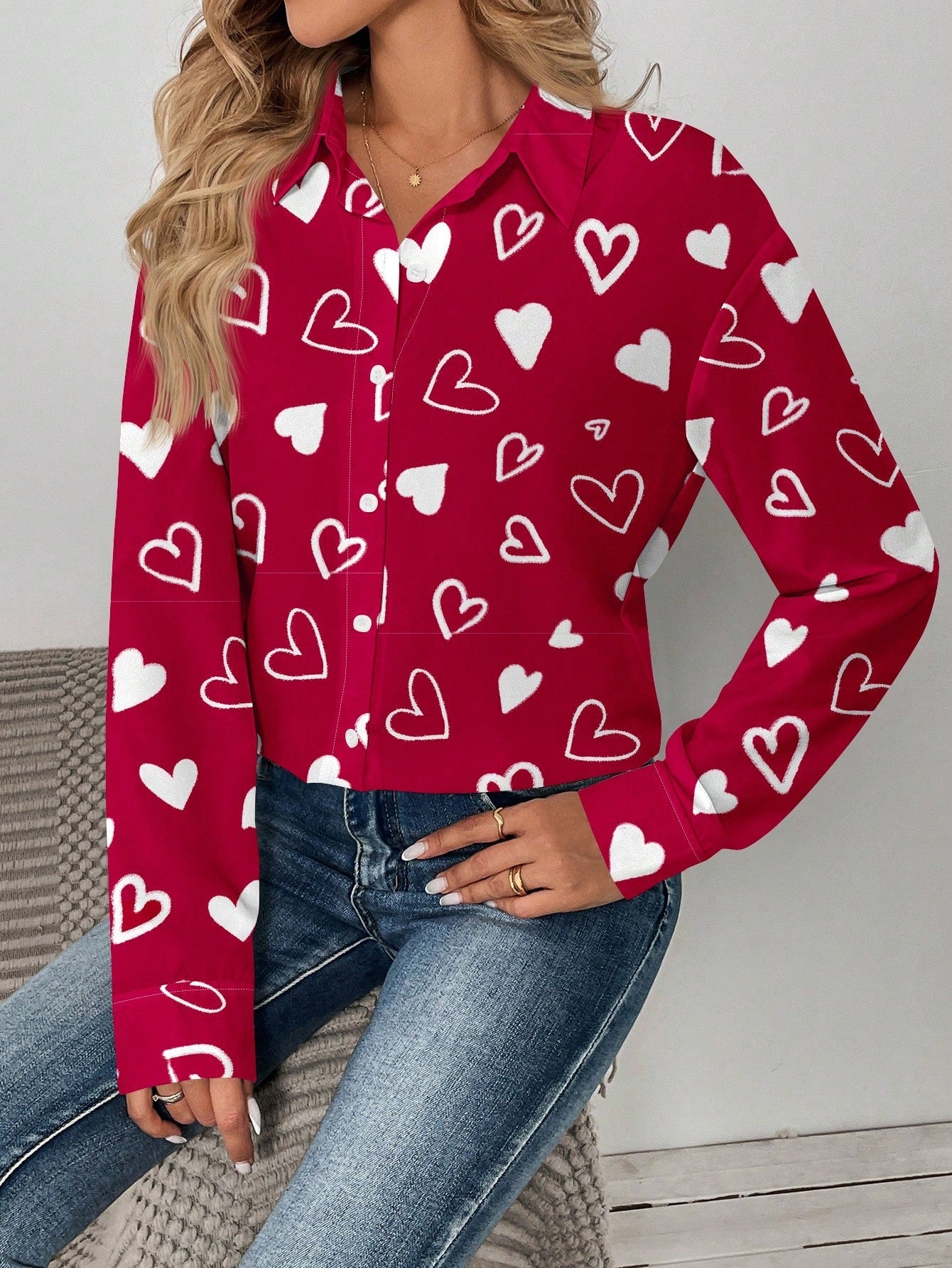 EMERY ROSE Casual Heart Graphic Loose Open Front Blouse For Women, Summer Valentine Day   Going Out Tops