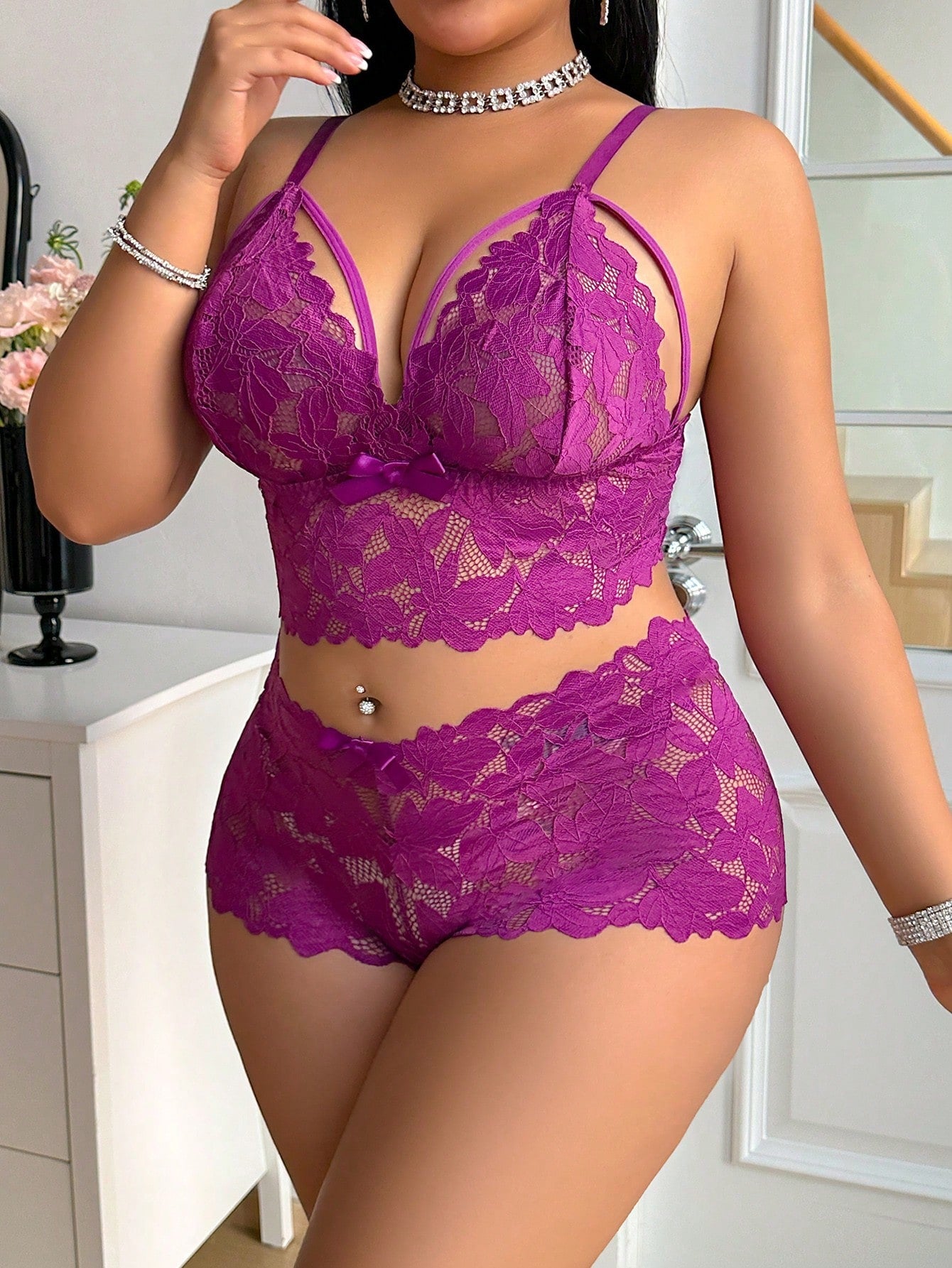 2pcs Plus Size Women Lace Lingerie Set