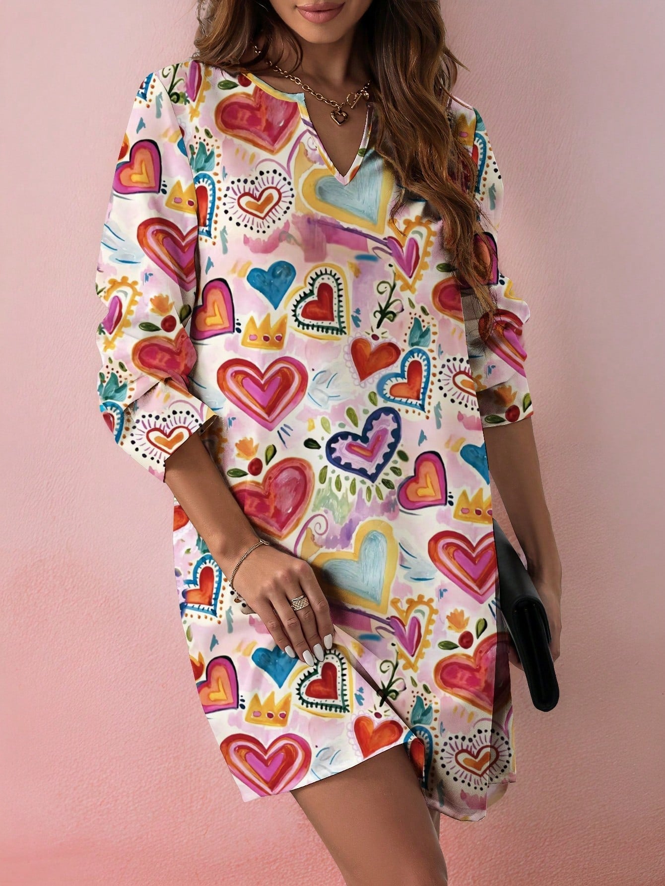 LUNE Plus Size Valentine's Day Colorful Hand-Painted Heart Print Long Sleeve Comfortable Dress, Versatile Casual Midi Dress