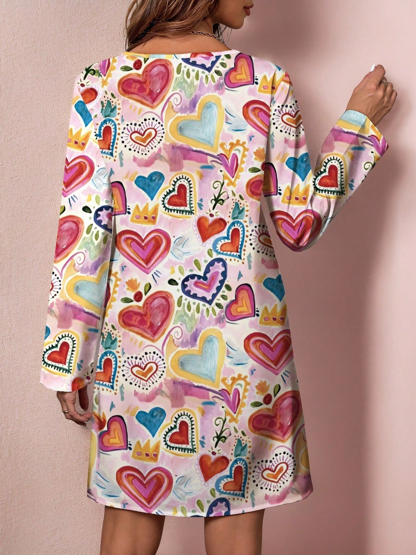 LUNE Plus Size Valentine's Day Colorful Hand-Painted Heart Print Long Sleeve Comfortable Dress, Versatile Casual Midi Dress